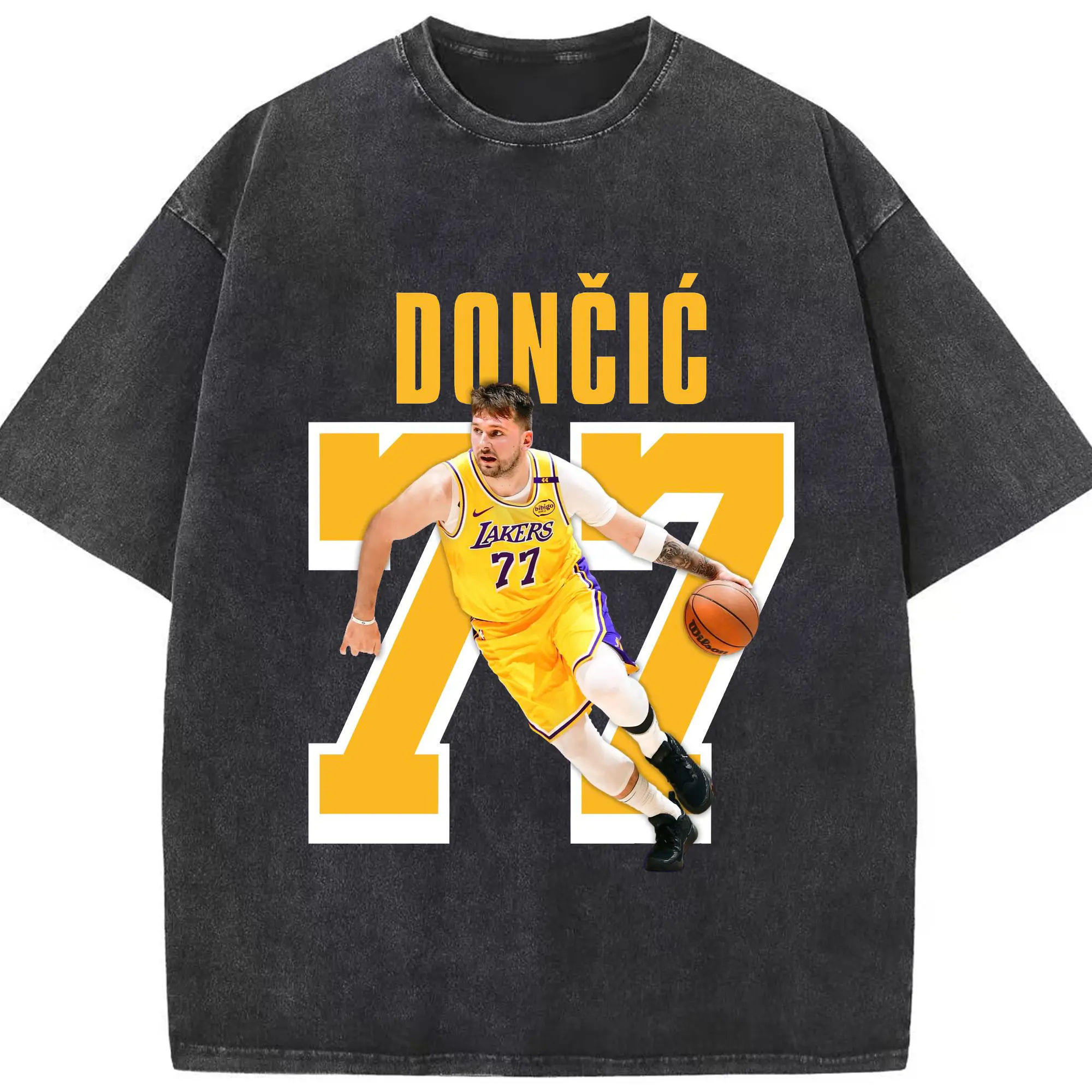 Luka Dončić #77 Lakers Shirt - Washed Vintage Look 230g Cotton Oversized T-Shirt With Front Heat Transfer Print – Soft, Lightweight, Stylish Fit – Comfortable Casual Wear For Sports & Everyday Use