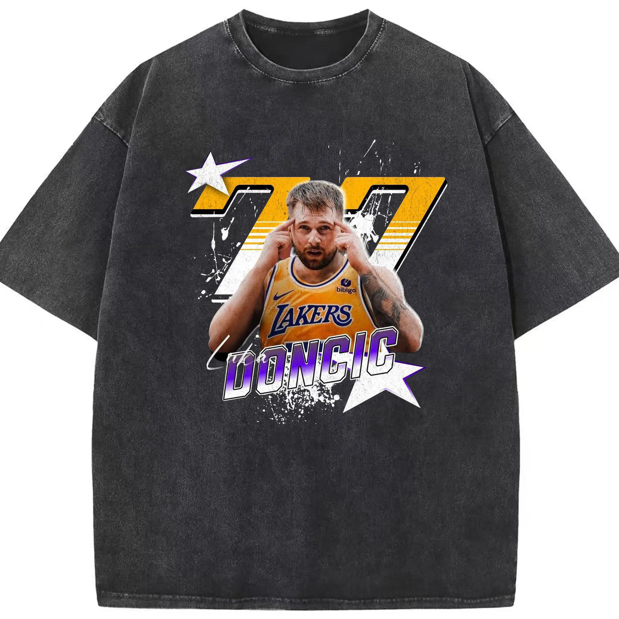 Luka Dončić 77 Uniting Luka’s Magic with LA Lakers Shirt - Washed Vintage Look 230g Cotton Oversized T-Shirt With Front Heat Transfer Print – Soft, Lightweight, Stylish Fit – Comfortable Casual Wear For Sports & Everyday Use