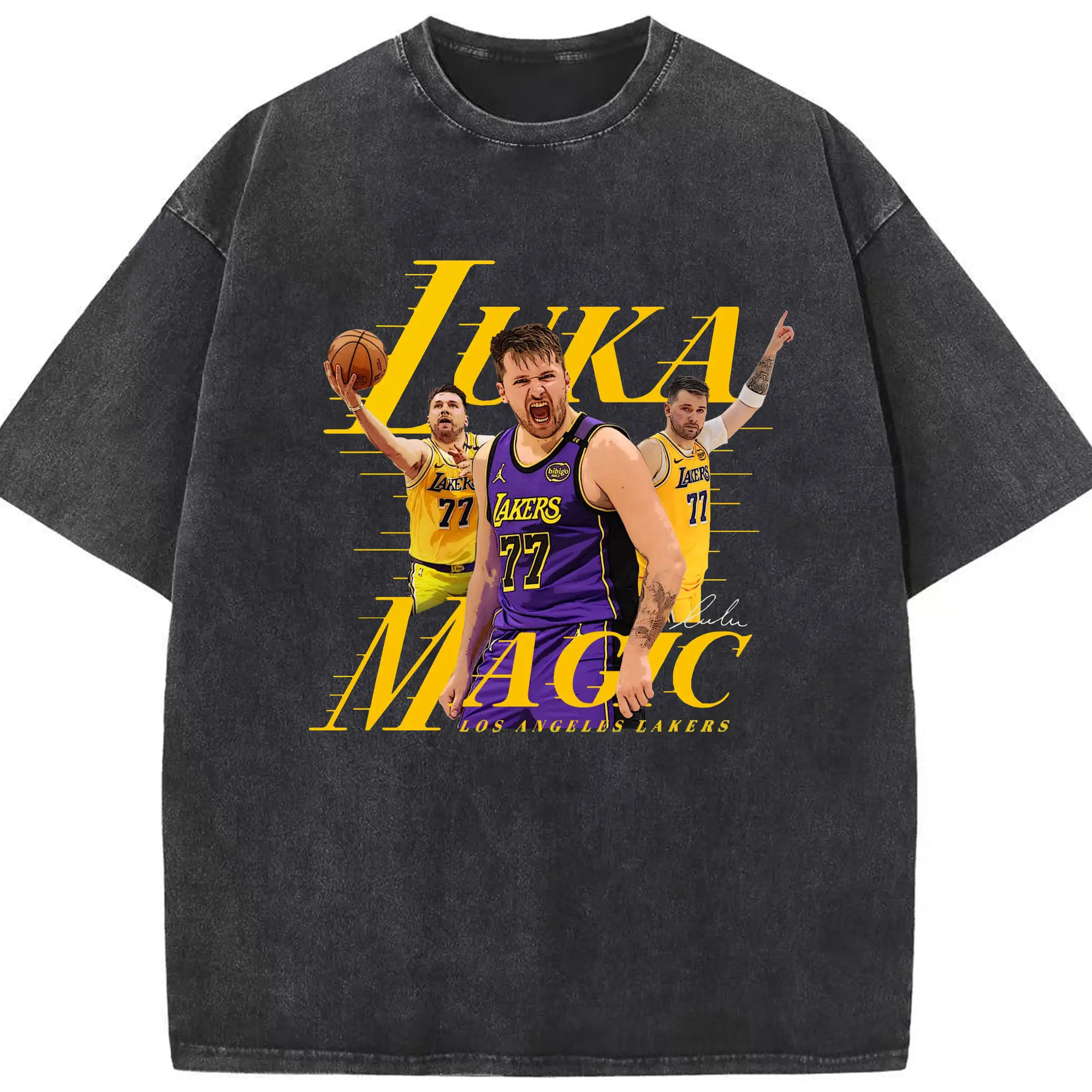 Luka Magic 77 Lakers Jersey Shirt - Washed Vintage Look 230g Cotton Oversized T-Shirt With Front Heat Transfer Print – Soft, Lightweight, Stylish Fit – Comfortable Casual Wear For Sports & Everyday Use