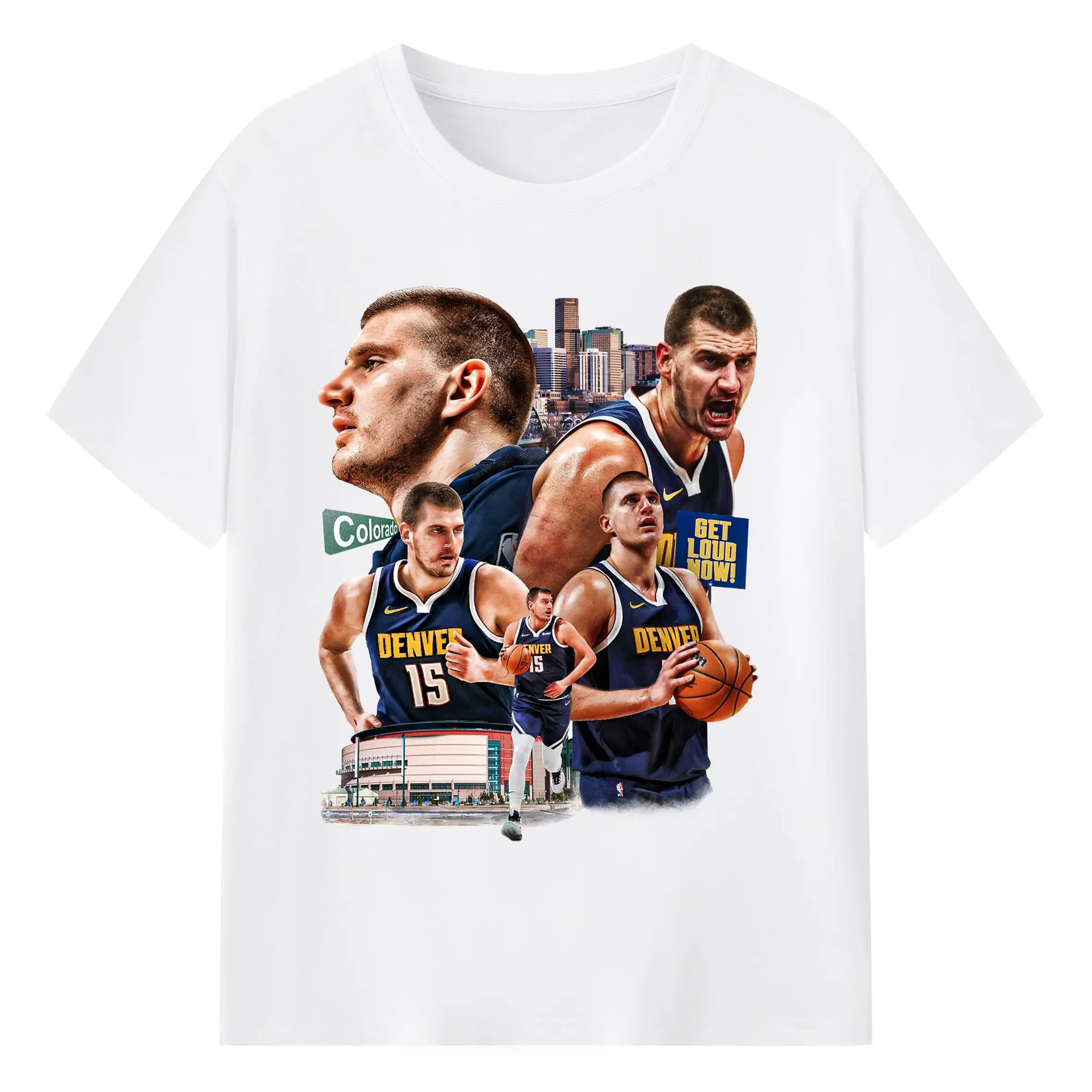 Nikola Jokić  Downtown Denver Backdrop  Energy Shirt - 180g Cotton T-Shirt With Front Heat Transfer Print – Soft, Lightweight, Fitted Design – Comfortable Casual Wear For Sports & Everyday Use