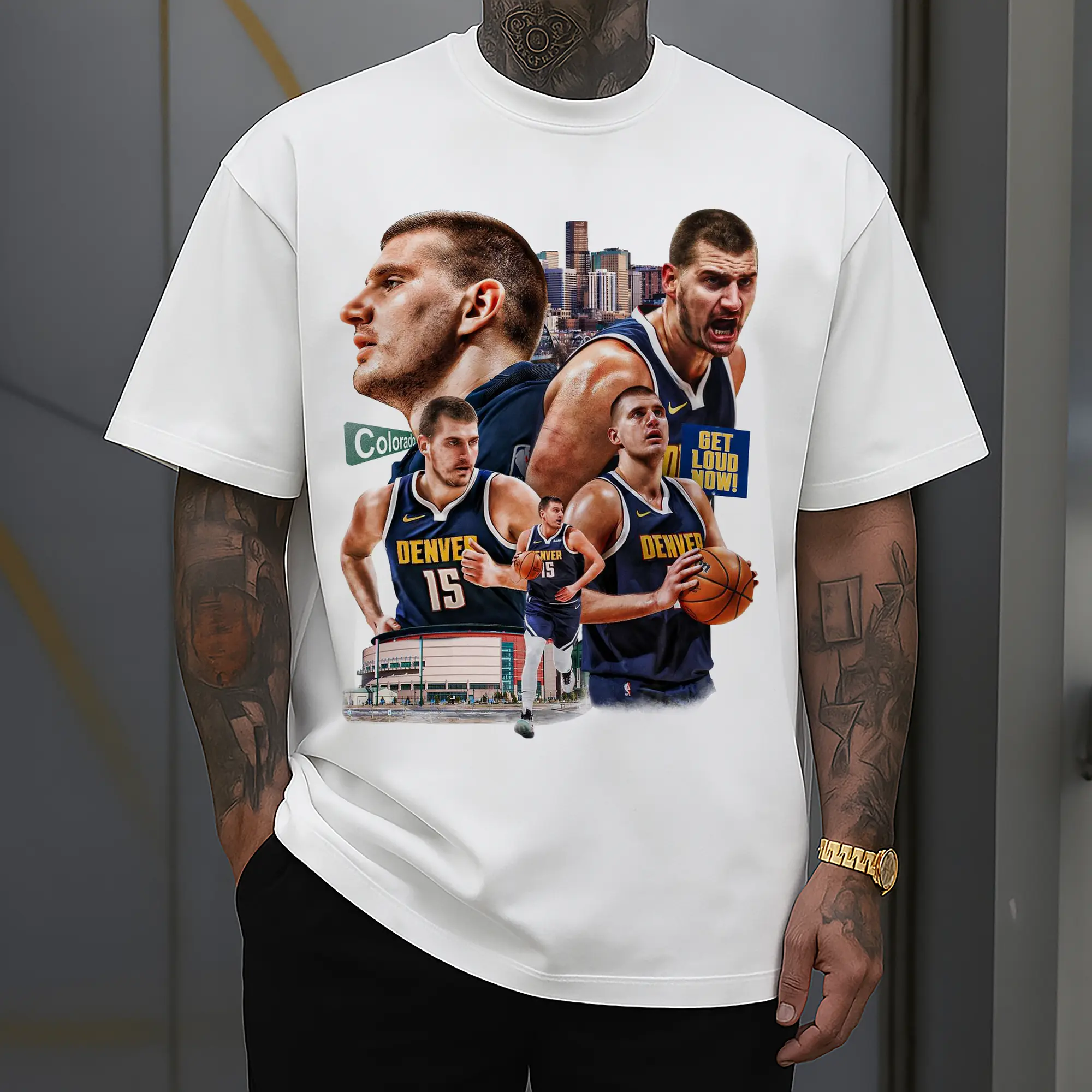 Nikola Jokić  Downtown Denver Backdrop  Energy Shirt