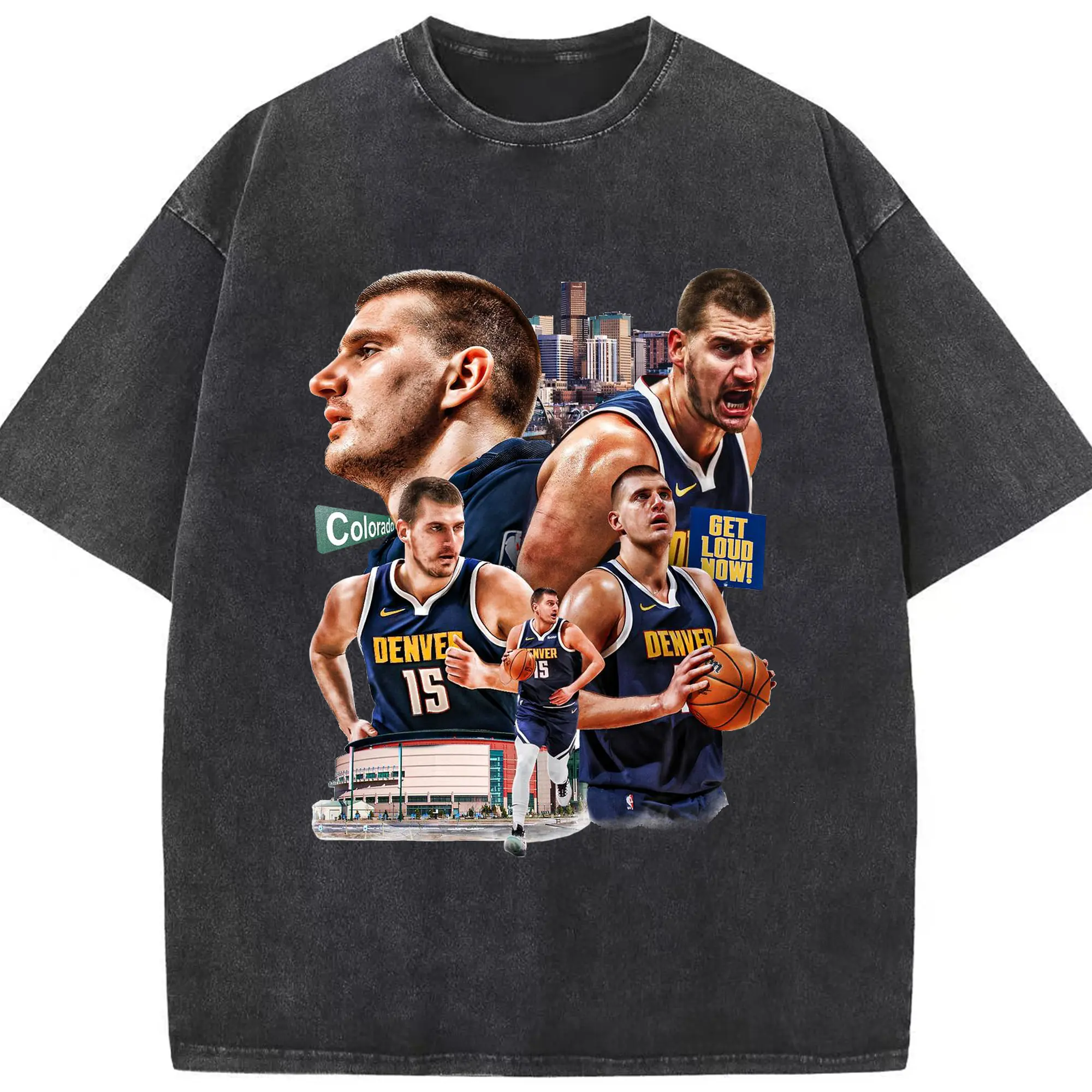 Nikola Jokić  Downtown Denver Backdrop  Energy Shirt - Washed Vintage Look 230g Cotton Oversized T-Shirt With Front Heat Transfer Print – Soft, Lightweight, Stylish Fit – Comfortable Casual Wear For Sports & Everyday Use