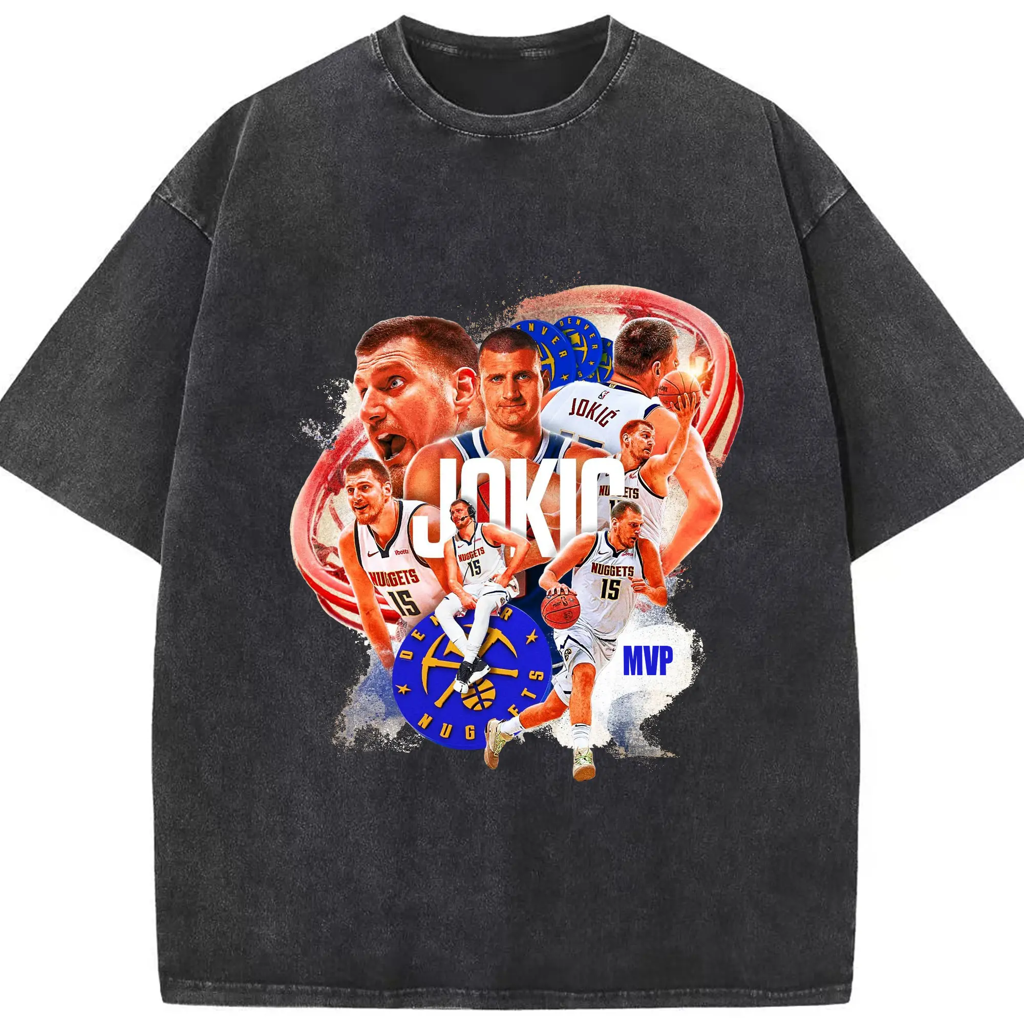 Nikola Jokić Denver Nuggets MVP Collage Shirt - Washed Vintage Look 230g Cotton Oversized T-Shirt With Front Heat Transfer Print – Soft, Lightweight, Stylish Fit – Comfortable Casual Wear For Sports & Everyday Use