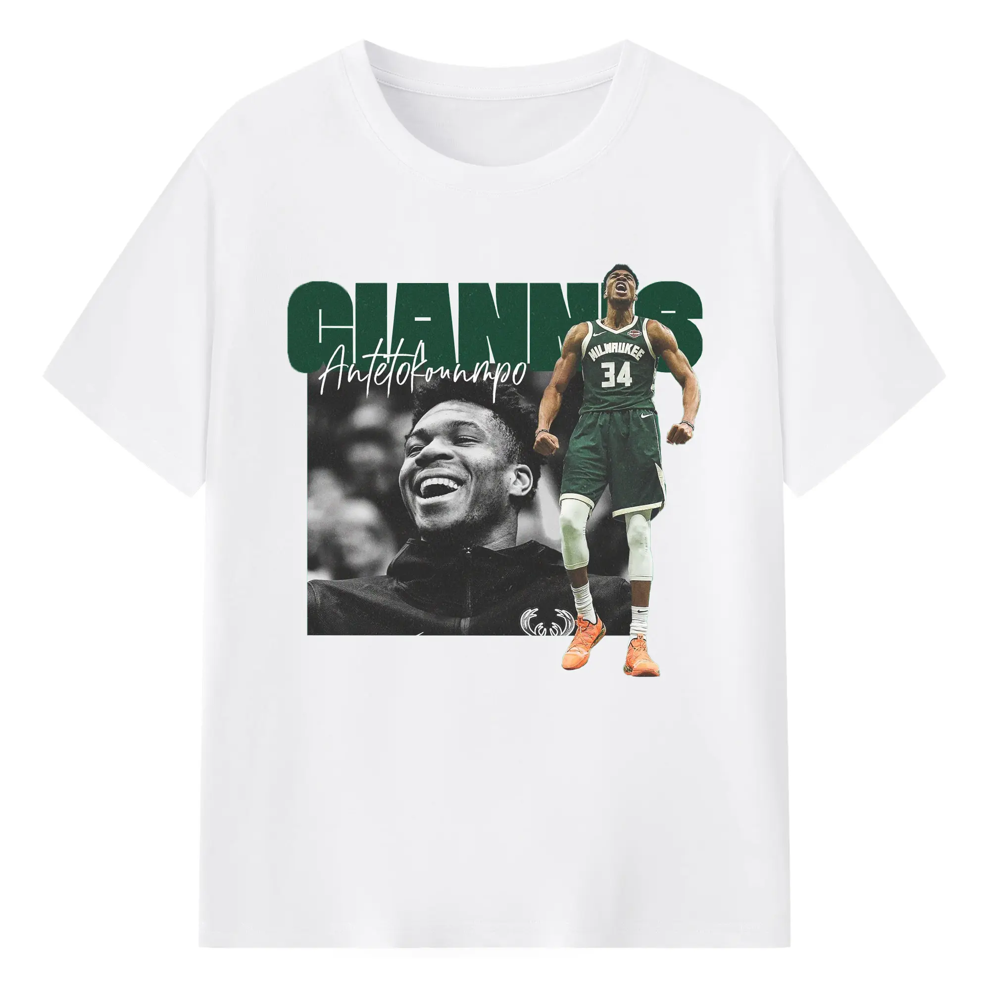 Giannis Antetokounmpo raises his arms to vent - 180g Cotton T-Shirt With Front Heat Transfer Print – Soft, Lightweight, Fitted Design – Comfortable Casual Wear For Sports & Everyday Use