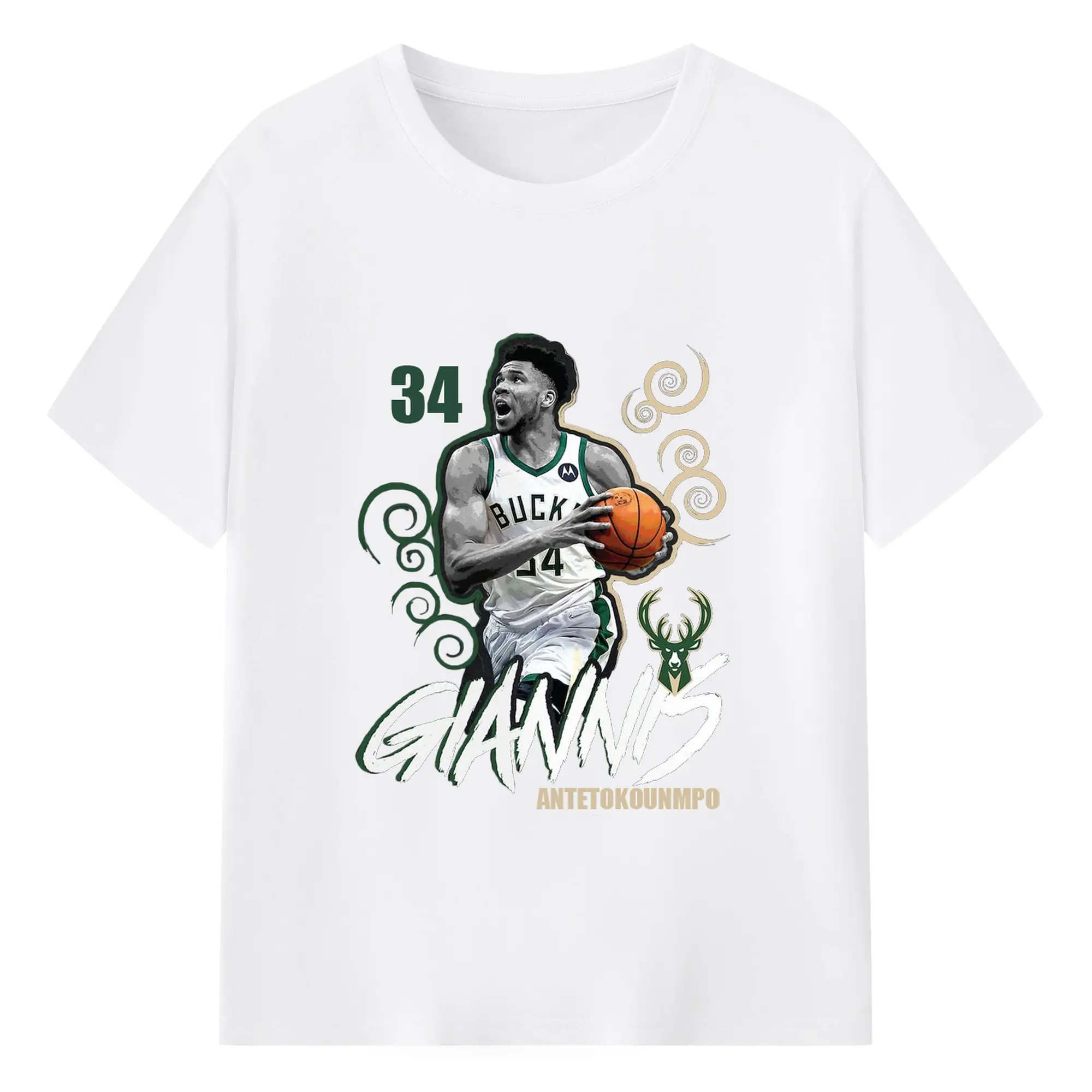 Giannis Antetokounmpo Bucks #34 artistic design Shirt - 180g Cotton T-Shirt With Front Heat Transfer Print – Soft, Lightweight, Fitted Design – Comfortable Casual Wear For Sports & Everyday Use