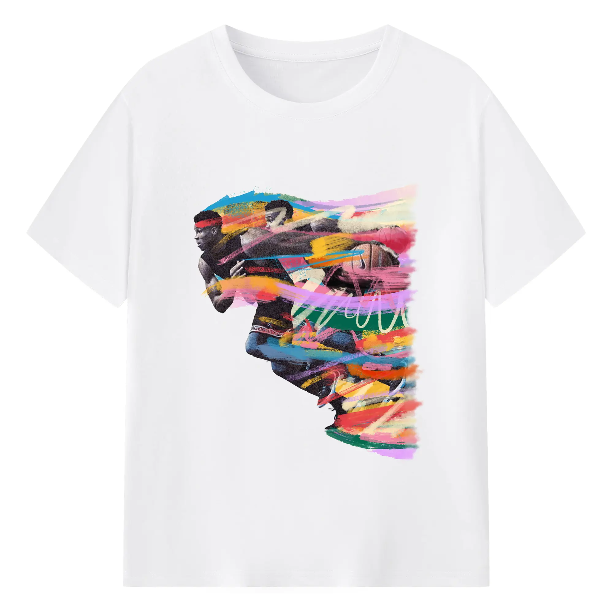 Giannis Antetokounmpo Run Colorful Brushstroke Basketball Art Shirt - 180g Cotton T-Shirt With Front Heat Transfer Print – Soft, Lightweight, Fitted Design – Comfortable Casual Wear For Sports & Everyday Use