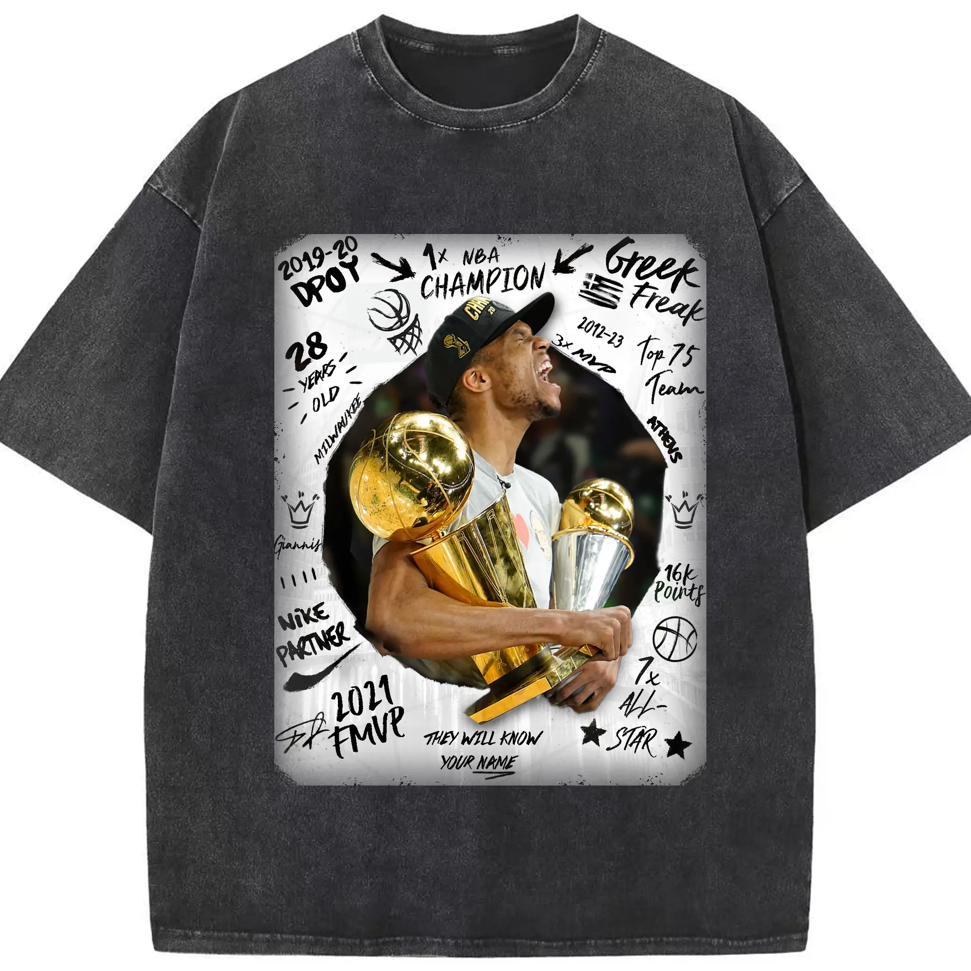 Giannis 2021 Finals MVP Graffiti Tribute Shirt - Washed Vintage Look 230g Cotton Oversized T-Shirt With Front Heat Transfer Print – Soft, Lightweight, Stylish Fit – Comfortable Casual Wear For Sports & Everyday Use