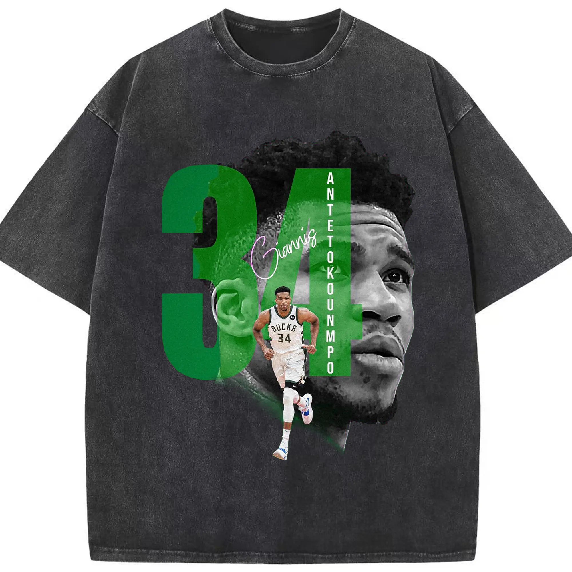 Giannis 34 Bucks Minimalist NBA Fan Shirt - Washed Vintage Look 230g Cotton Oversized T-Shirt With Front Heat Transfer Print – Soft, Lightweight, Stylish Fit – Comfortable Casual Wear For Sports & Everyday Use
