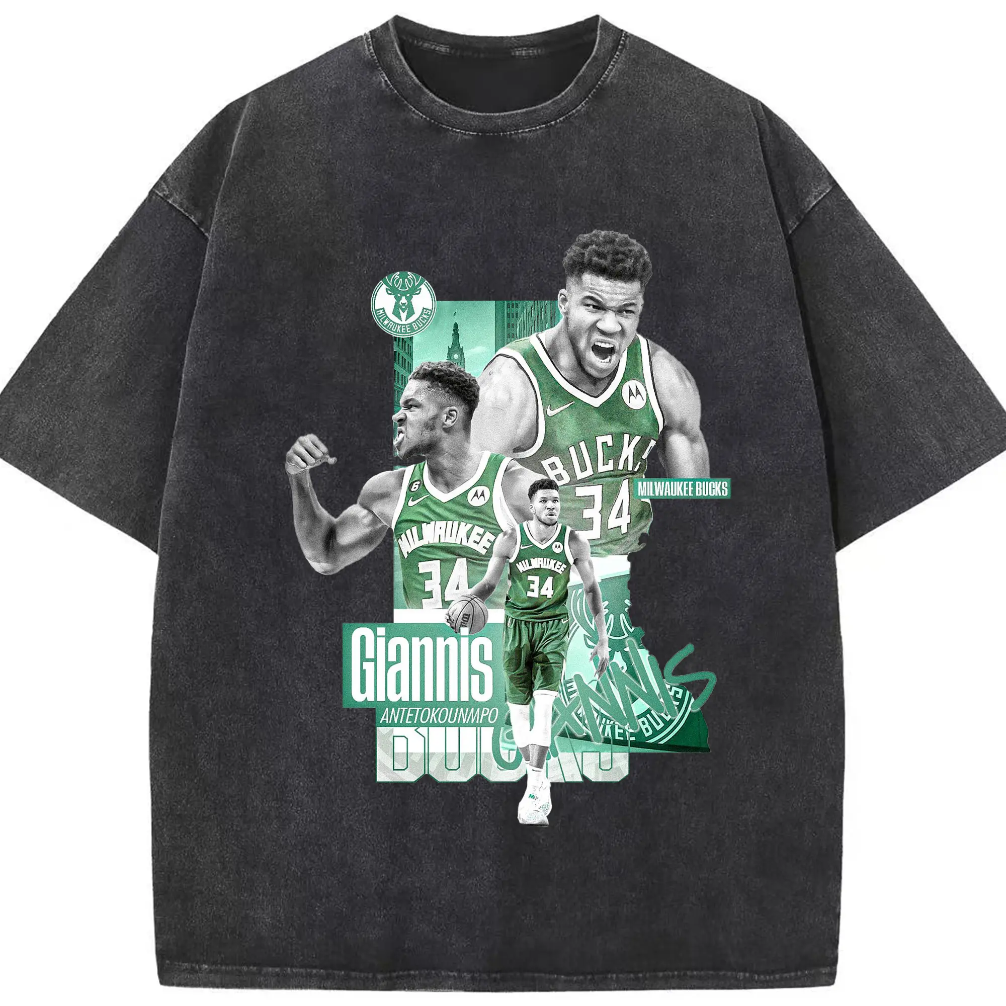 Giannis Antetokounmpo City of Bucks Hero Shirt - Washed Vintage Look 230g Cotton Oversized T-Shirt With Front Heat Transfer Print – Soft, Lightweight, Stylish Fit – Comfortable Casual Wear For Sports & Everyday Use