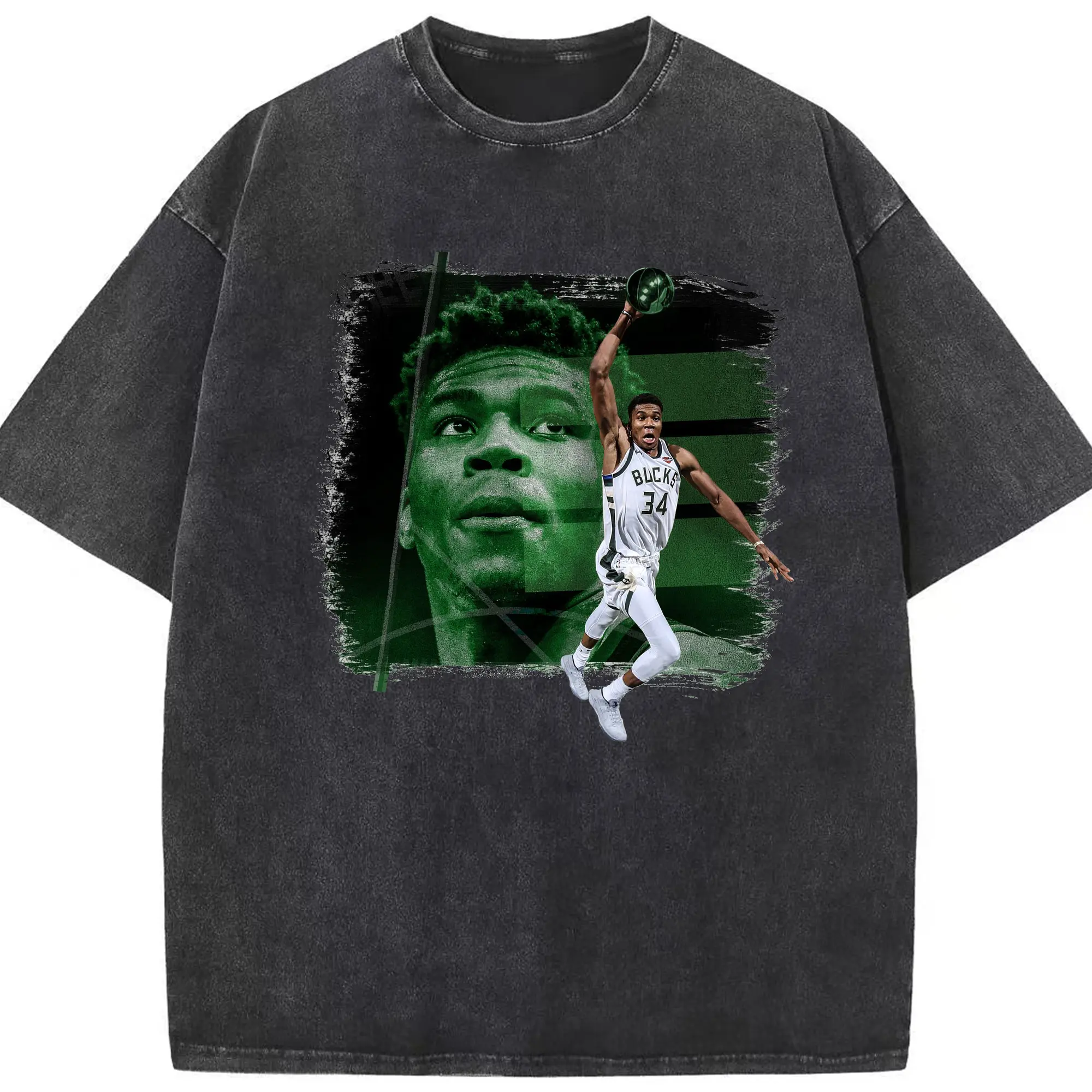 Giannis Antetokounmpo's slam dunk - Washed Vintage Look 230g Cotton Oversized T-Shirt With Front Heat Transfer Print – Soft, Lightweight, Stylish Fit – Comfortable Casual Wear For Sports & Everyday Use