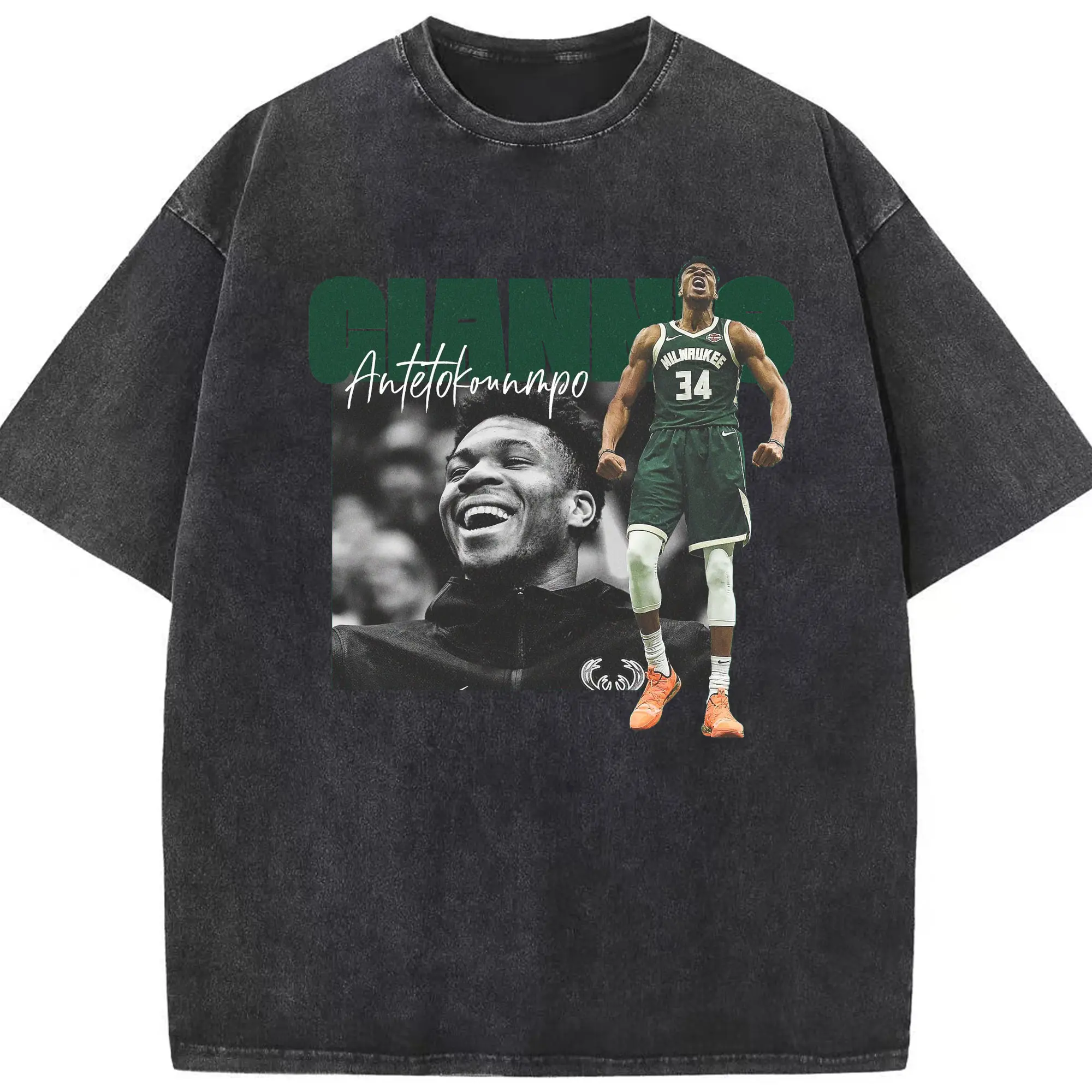 Giannis Antetokounmpo raises his arms to vent - Washed Vintage Look 230g Cotton Oversized T-Shirt With Front Heat Transfer Print – Soft, Lightweight, Stylish Fit – Comfortable Casual Wear For Sports & Everyday Use