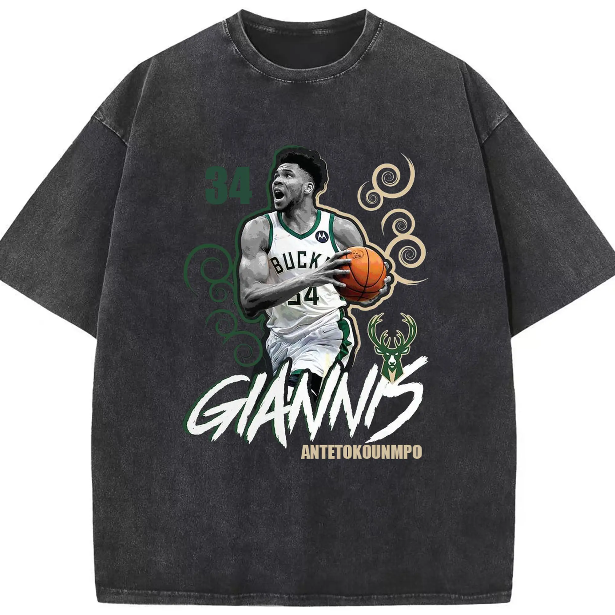 Giannis Antetokounmpo Bucks #34 artistic design Shirt - Washed Vintage Look 230g Cotton Oversized T-Shirt With Front Heat Transfer Print – Soft, Lightweight, Stylish Fit – Comfortable Casual Wear For Sports & Everyday Use