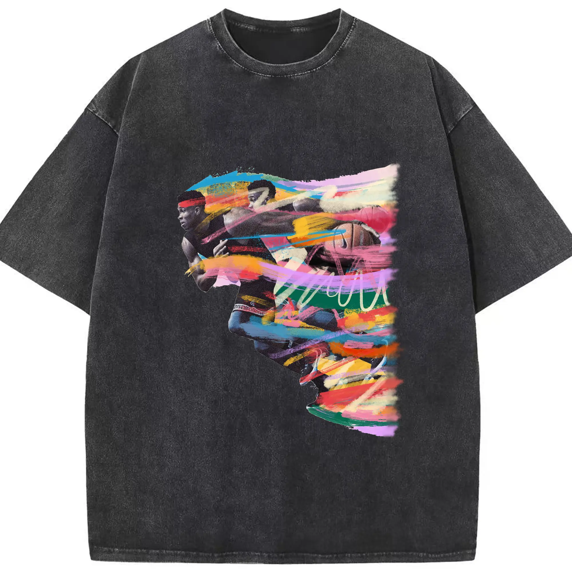 Giannis Antetokounmpo Run Colorful Brushstroke Basketball Art Shirt - Washed Vintage Look 230g Cotton Oversized T-Shirt With Front Heat Transfer Print – Soft, Lightweight, Stylish Fit – Comfortable Casual Wear For Sports & Everyday Use