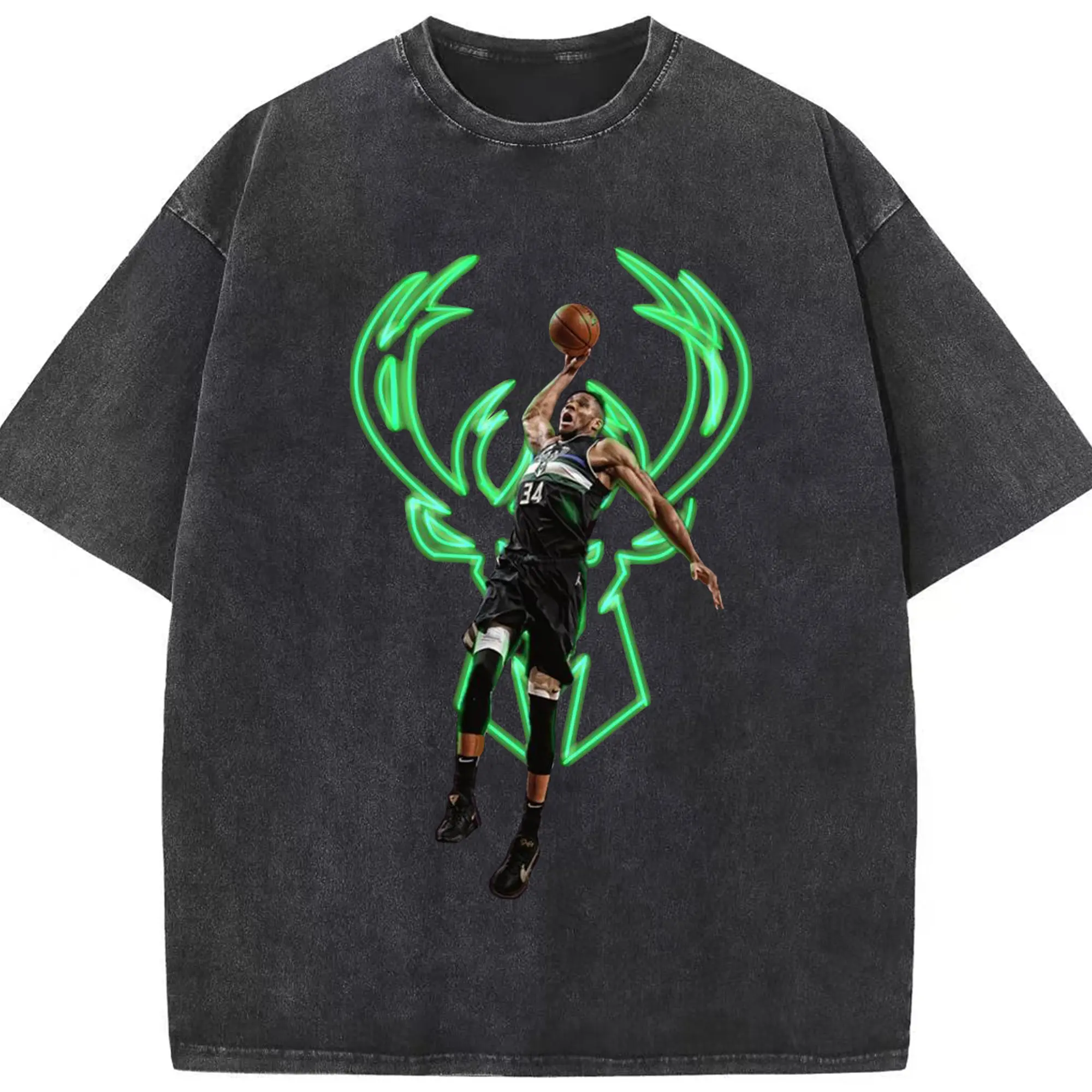 Giannis Antetokounmpo's slam dunk - Washed Vintage Look 230g Cotton Oversized T-Shirt With Front Heat Transfer Print – Soft, Lightweight, Stylish Fit – Comfortable Casual Wear For Sports & Everyday Use