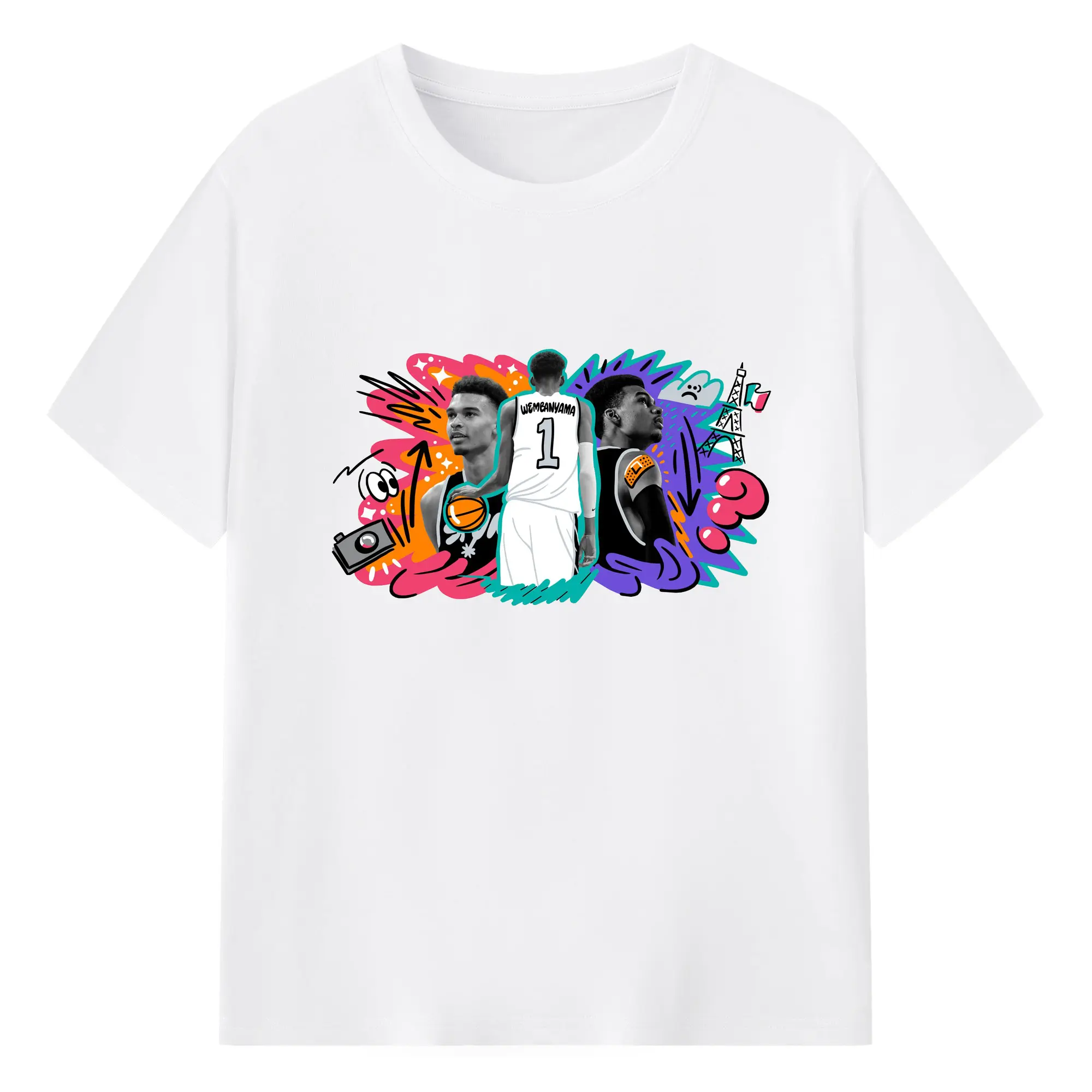 Victor Wembanyama #1 Cartoon graffiti style Shirt - 180g Cotton T-Shirt With Front Heat Transfer Print – Soft, Lightweight, Fitted Design – Comfortable Casual Wear For Sports & Everyday Use