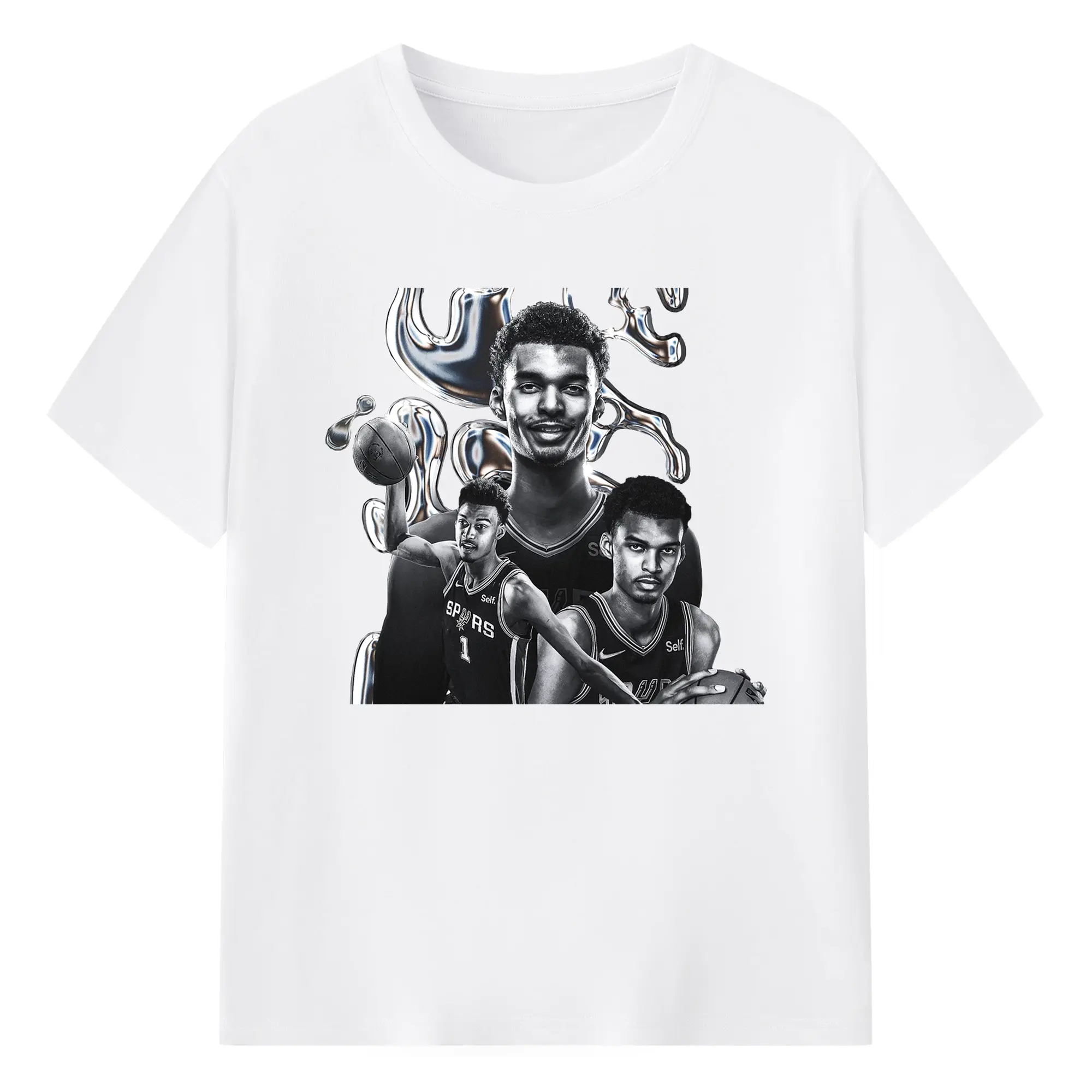 Victor Wembanyama Chrome Effect Spurs Futuristic NBA Graphic Shirt - 180g Cotton T-Shirt With Front Heat Transfer Print – Soft, Lightweight, Fitted Design – Comfortable Casual Wear For Sports & Everyday Use