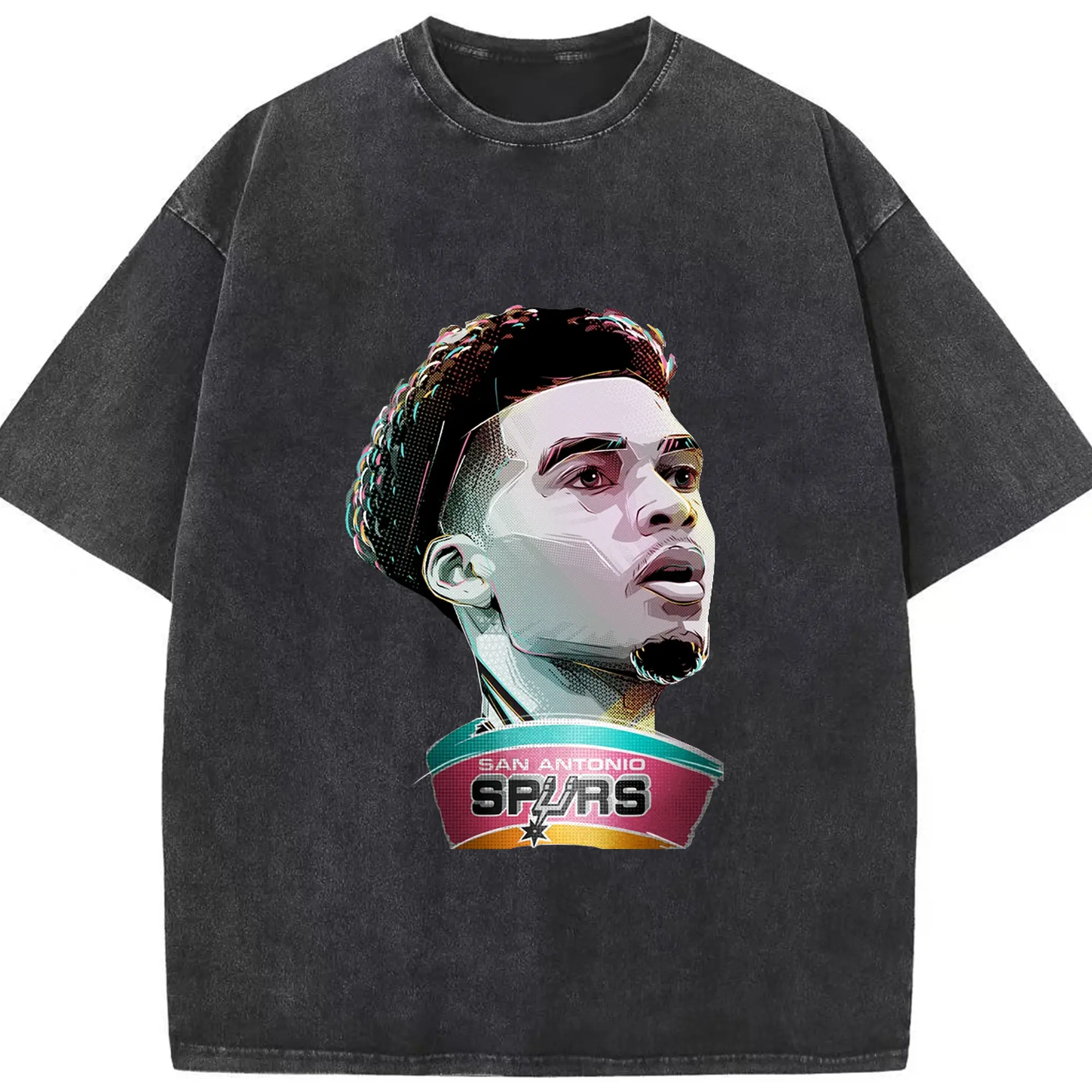 Victor Wembanyama Spurs colorful cartoon illustration style Shirt - Washed Vintage Look 230g Cotton Oversized T-Shirt With Front Heat Transfer Print – Soft, Lightweight, Stylish Fit – Comfortable Casual Wear For Sports & Everyday Use