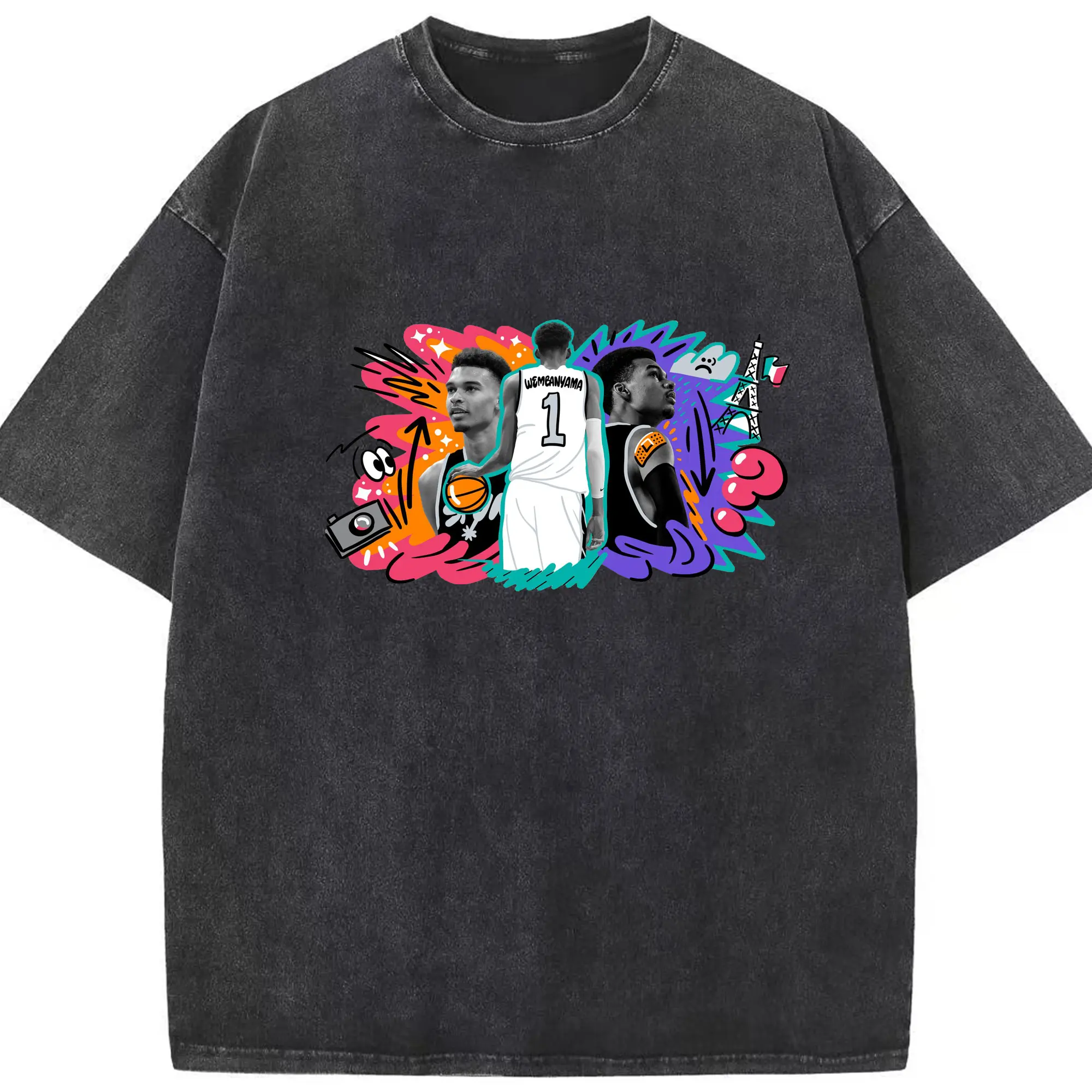 Victor Wembanyama #1 Cartoon graffiti style Shirt - Washed Vintage Look 230g Cotton Oversized T-Shirt With Front Heat Transfer Print – Soft, Lightweight, Stylish Fit – Comfortable Casual Wear For Sports & Everyday Use
