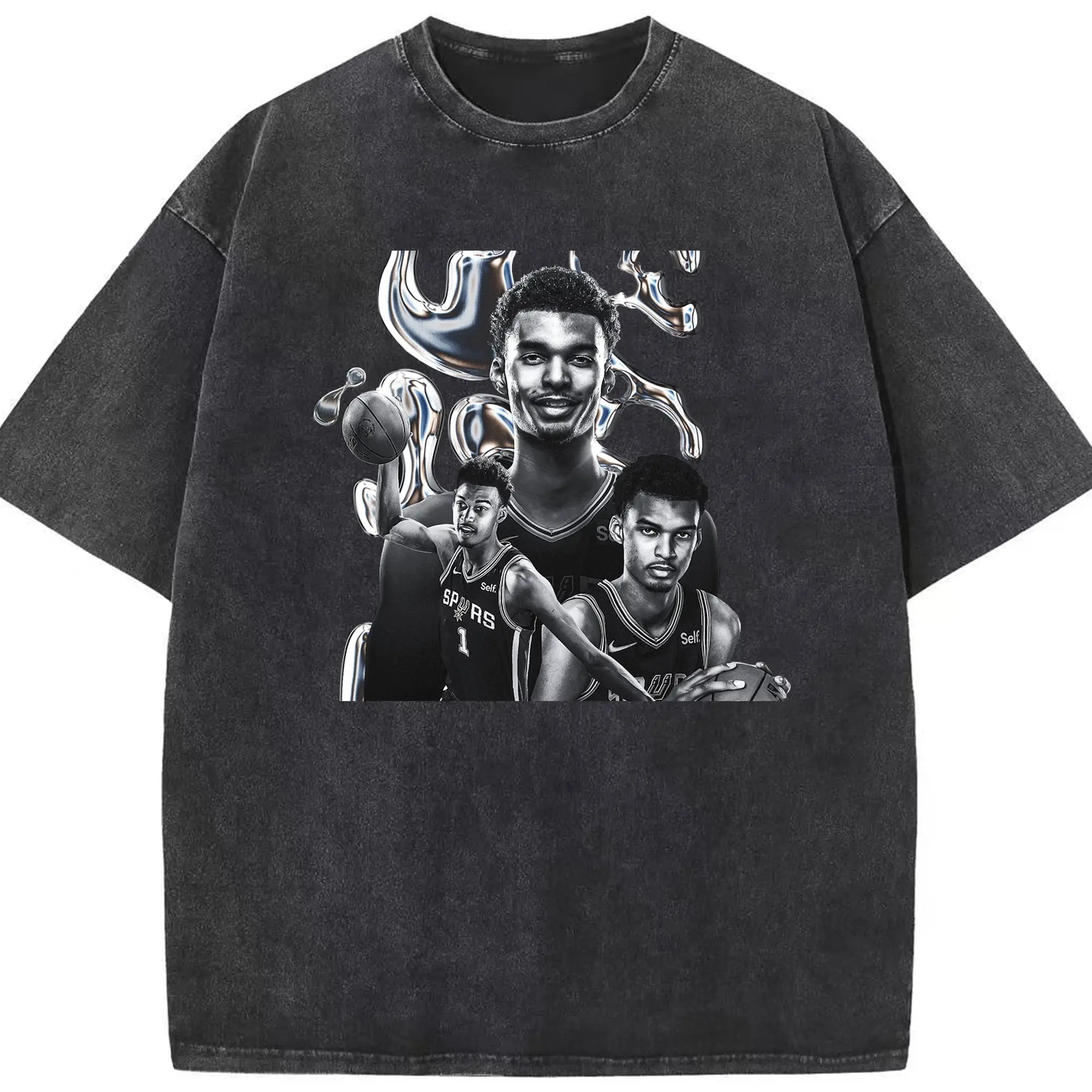 Victor Wembanyama Chrome Effect Spurs Futuristic NBA Graphic Shirt - Washed Vintage Look 230g Cotton Oversized T-Shirt With Front Heat Transfer Print – Soft, Lightweight, Stylish Fit – Comfortable Casual Wear For Sports & Everyday Use