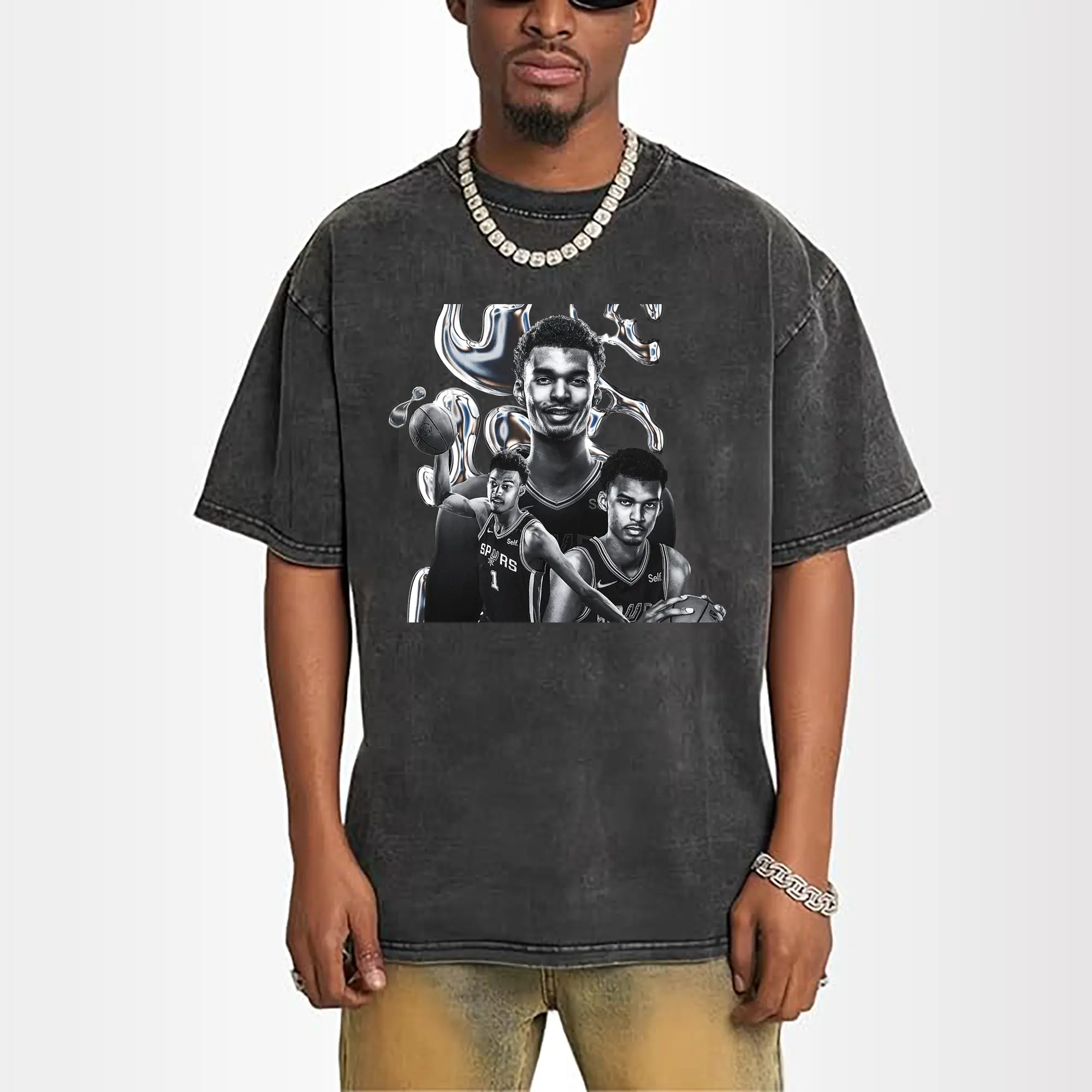 Victor Wembanyama Chrome Effect Spurs Futuristic NBA Graphic Shirt