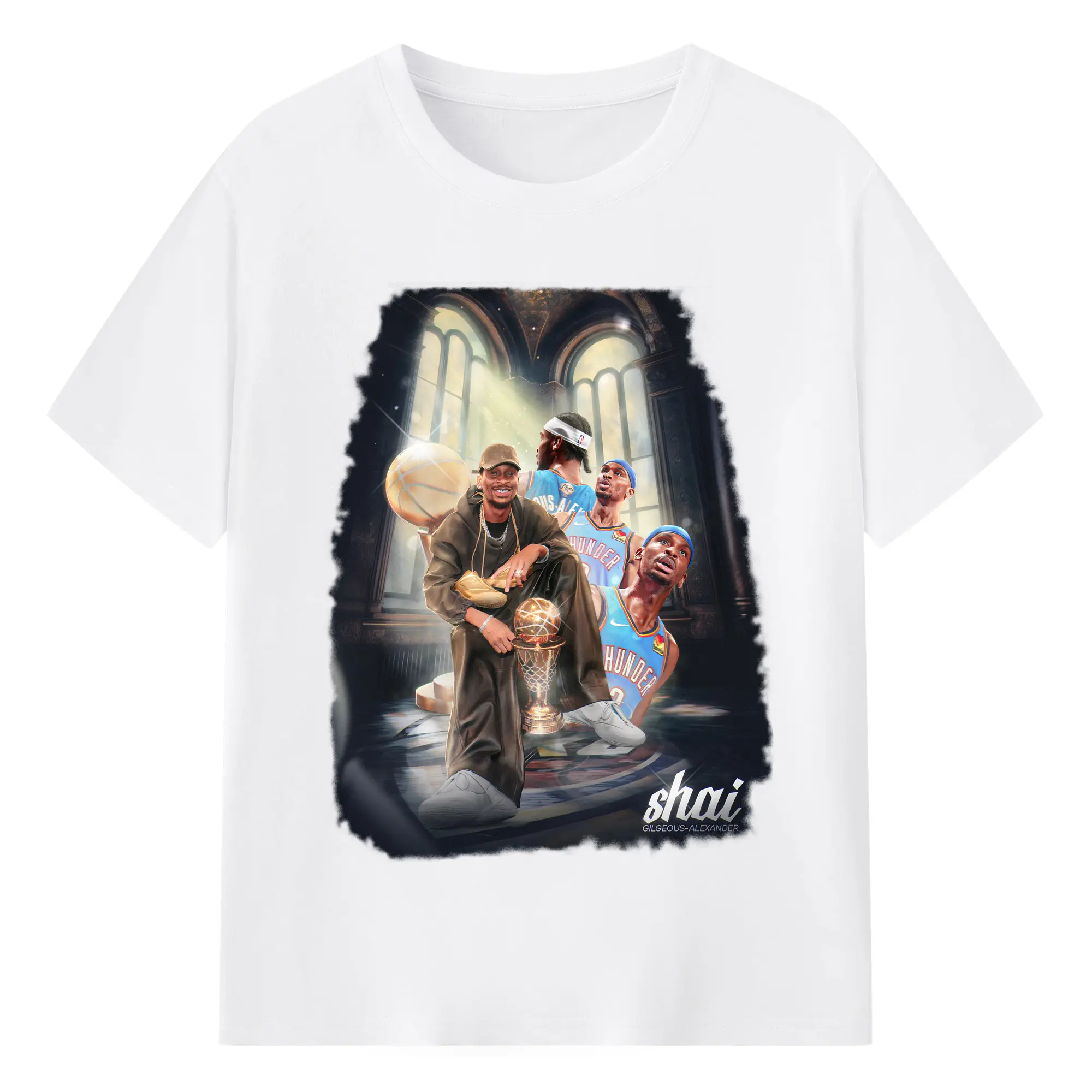 Shai Gilgeous - Alexander Thunder Champion Retro Oil Painting Texture Shirt - 180g Cotton T-Shirt With Front Heat Transfer Print – Soft, Lightweight, Fitted Design – Comfortable Casual Wear For Sports & Everyday Use
