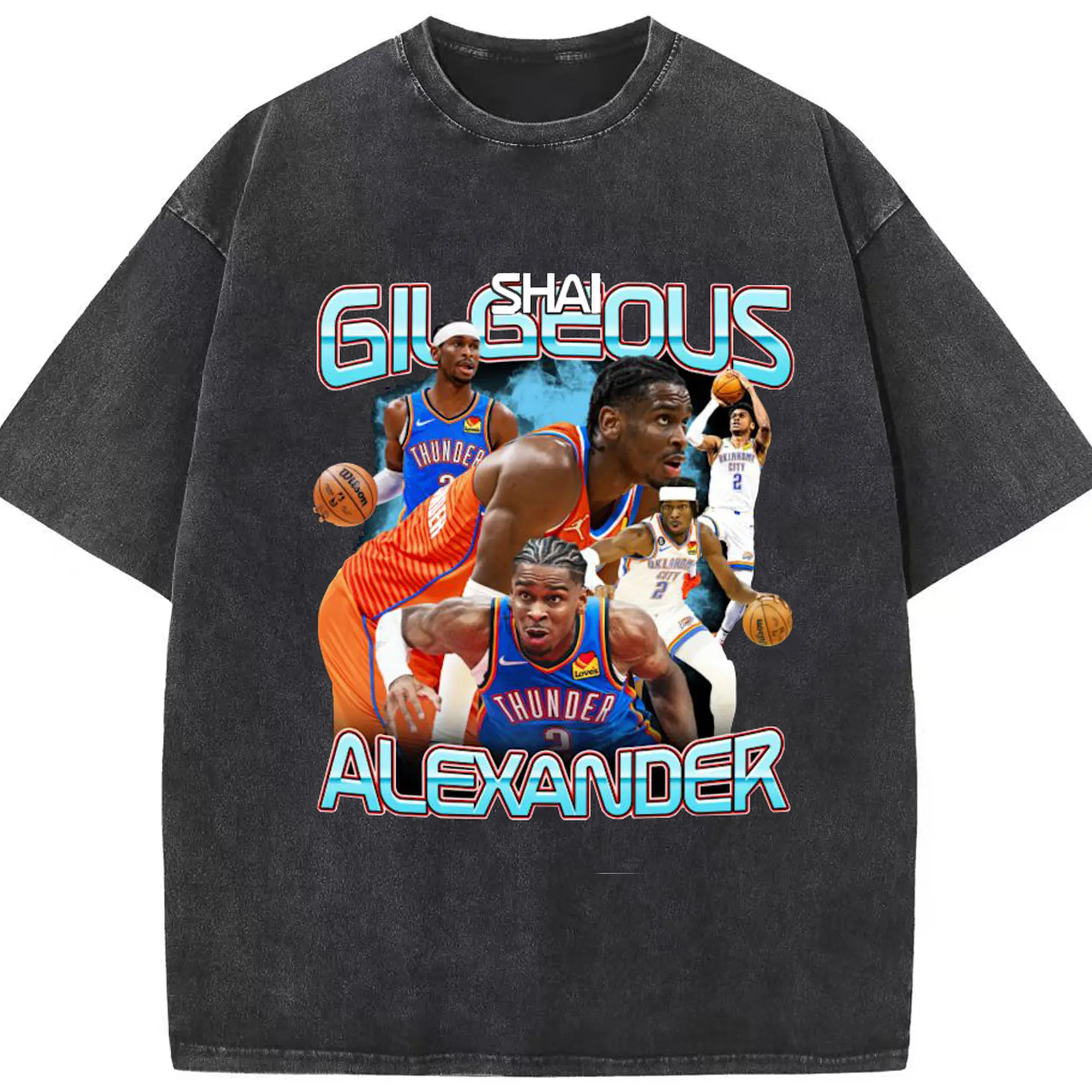 SGA Thunder #2 Bold NBA Fan Collage Shirt - Washed Vintage Look 230g Cotton Oversized T-Shirt With Front Heat Transfer Print – Soft, Lightweight, Stylish Fit – Comfortable Casual Wear For Sports & Everyday Use