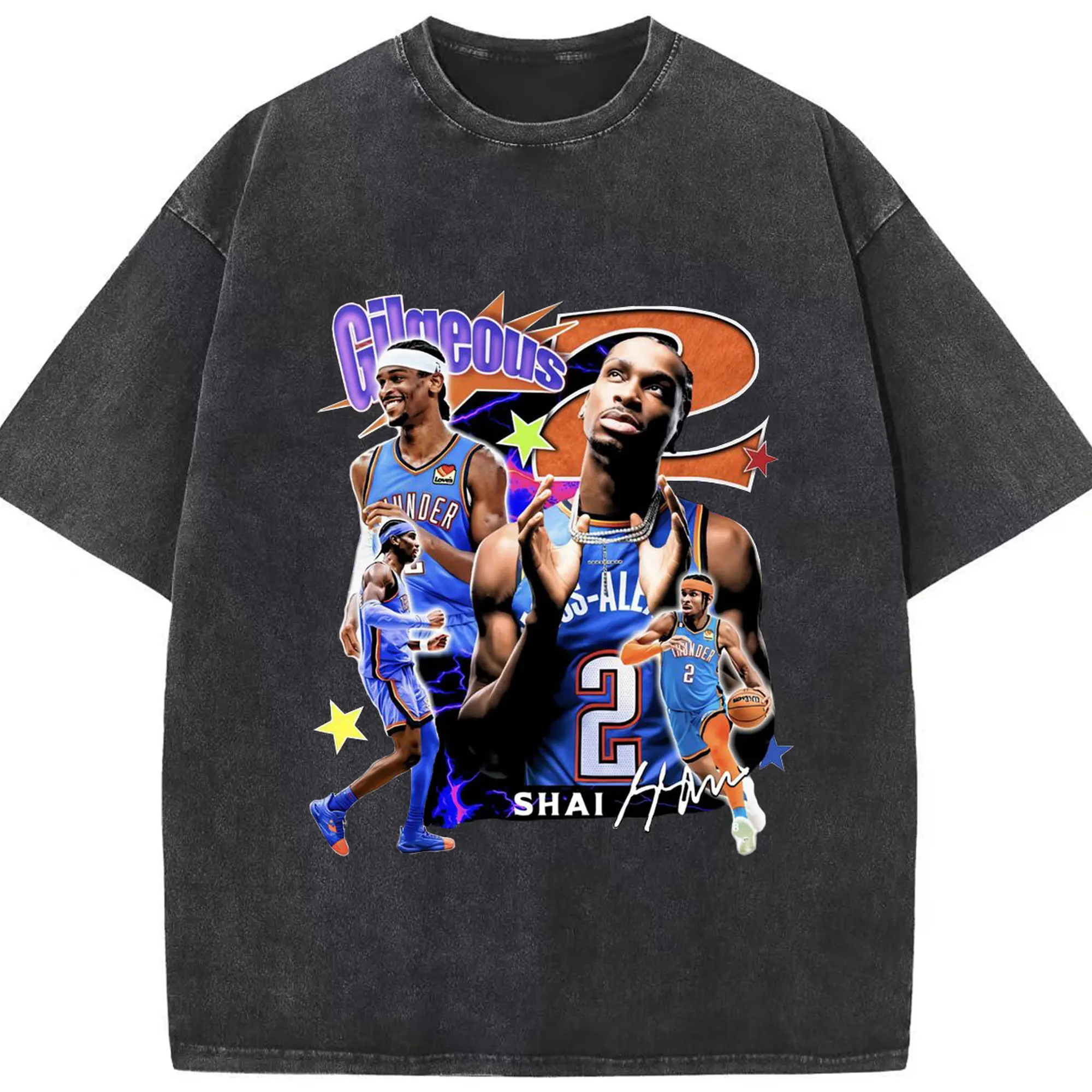 SGA Thunder #2 Player  Streetstyle Shirt - Washed Vintage Look 230g Cotton Oversized T-Shirt With Front Heat Transfer Print – Soft, Lightweight, Stylish Fit – Comfortable Casual Wear For Sports & Everyday Use