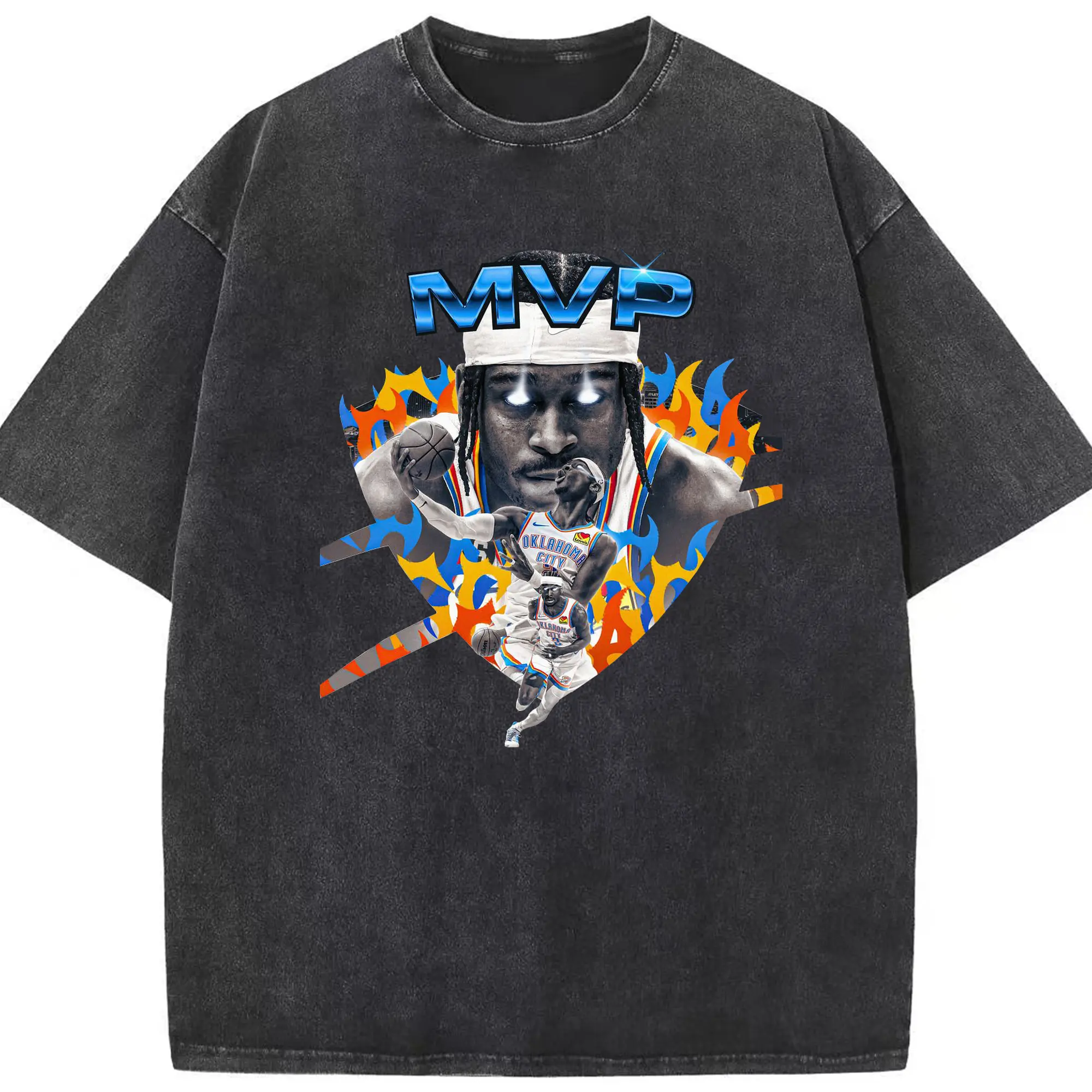 SGA MVP Electric Flame Graphic Shirt - Washed Vintage Look 230g Cotton Oversized T-Shirt With Front Heat Transfer Print – Soft, Lightweight, Stylish Fit – Comfortable Casual Wear For Sports & Everyday Use