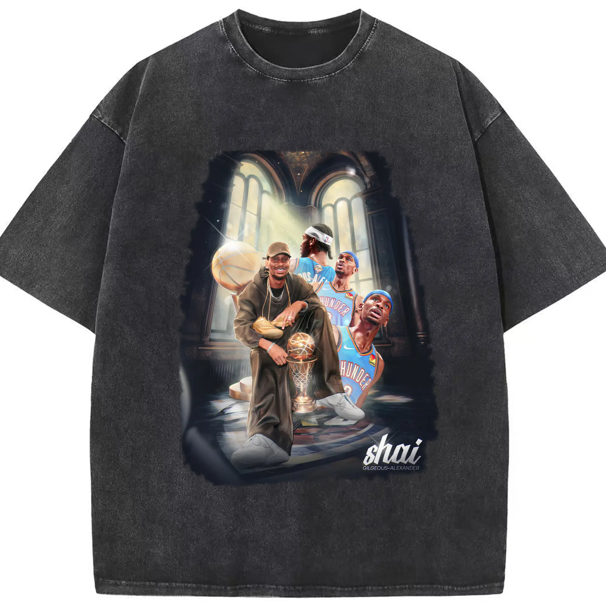 Shai Gilgeous - Alexander Thunder Champion Retro Oil Painting Texture Shirt - Washed Vintage Look 230g Cotton Oversized T-Shirt With Front Heat Transfer Print – Soft, Lightweight, Stylish Fit – Comfortable Casual Wear For Sports & Everyday Use