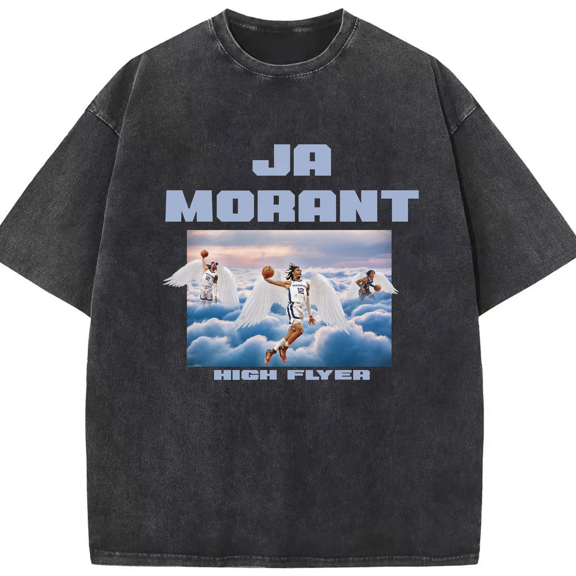 Ja Morant “High Flyer” Angel Wings Shirt - Washed Vintage Look 230g Cotton Oversized T-Shirt With Front Heat Transfer Print – Soft, Lightweight, Stylish Fit – Comfortable Casual Wear For Sports & Everyday Use