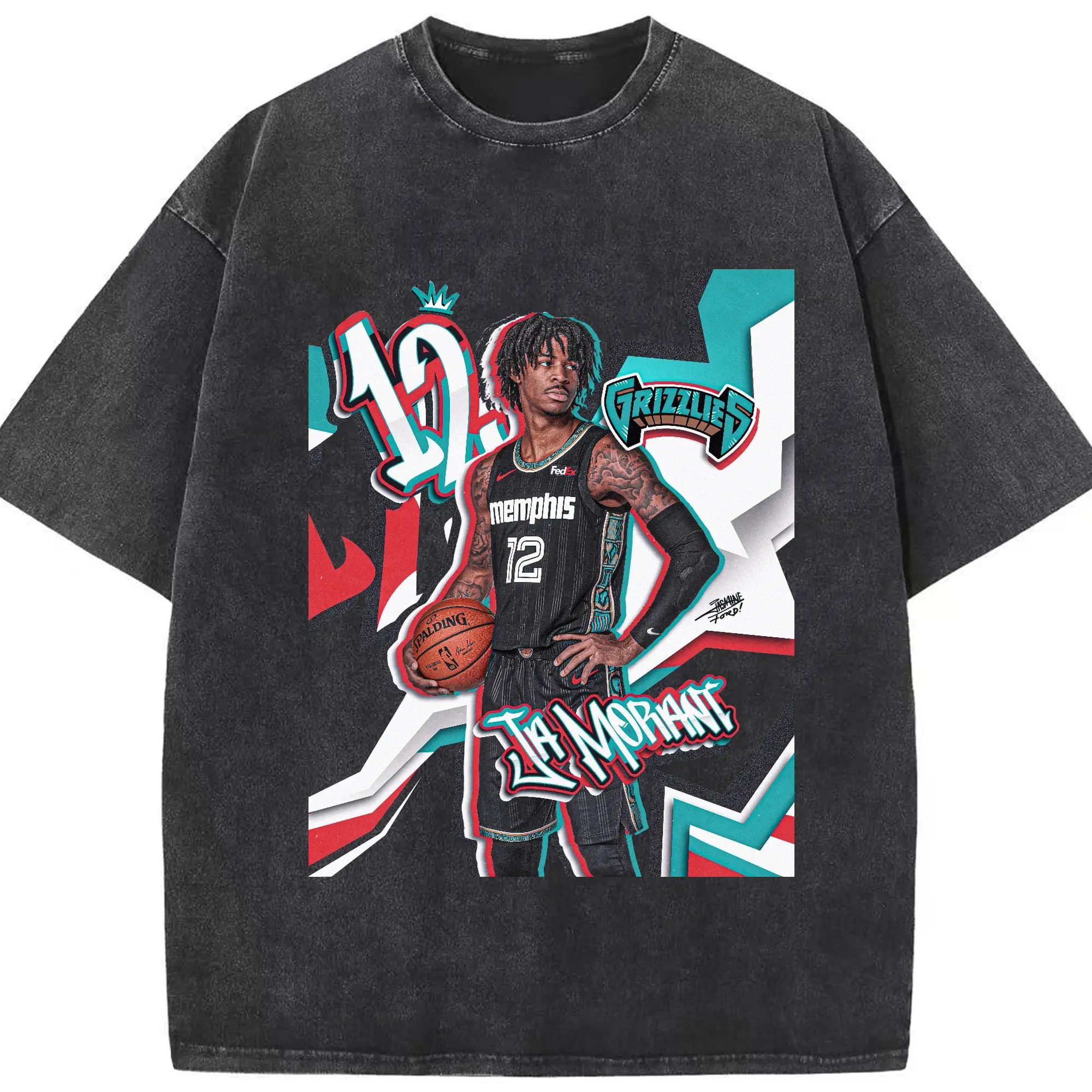 Ja Morant Grizzlies “#12 wearing a crown” Art Shirt - Washed Vintage Look 230g Cotton Oversized T-Shirt With Front Heat Transfer Print – Soft, Lightweight, Stylish Fit – Comfortable Casual Wear For Sports & Everyday Use