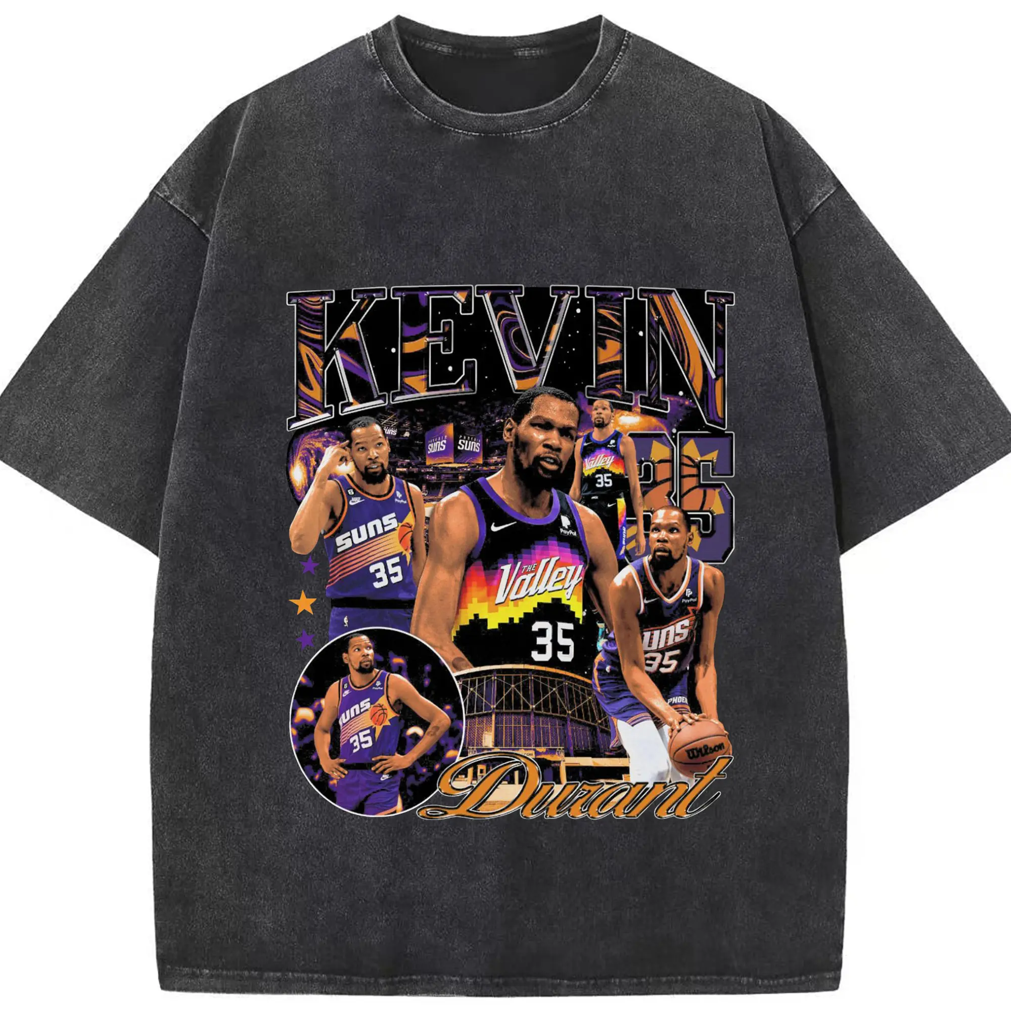 Kevin Durant Phoenix Suns "The Valley" Limited Edition Jersey Shirt - Washed Vintage Look 230g Cotton Oversized T-Shirt With Front Heat Transfer Print – Soft, Lightweight, Stylish Fit – Comfortable Casual Wear For Sports & Everyday Use