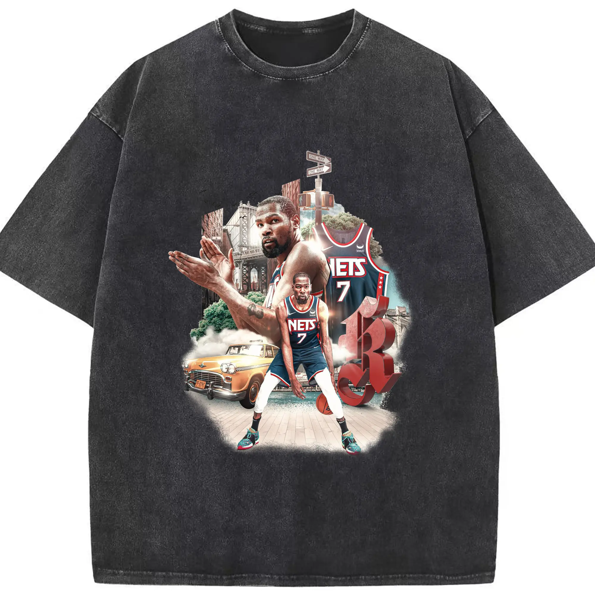 Kevin Durant Brooklyn Nets Limited Edition Jersey Shirt - Washed Vintage Look 230g Cotton Oversized T-Shirt With Front Heat Transfer Print – Soft, Lightweight, Stylish Fit – Comfortable Casual Wear For Sports & Everyday Use
