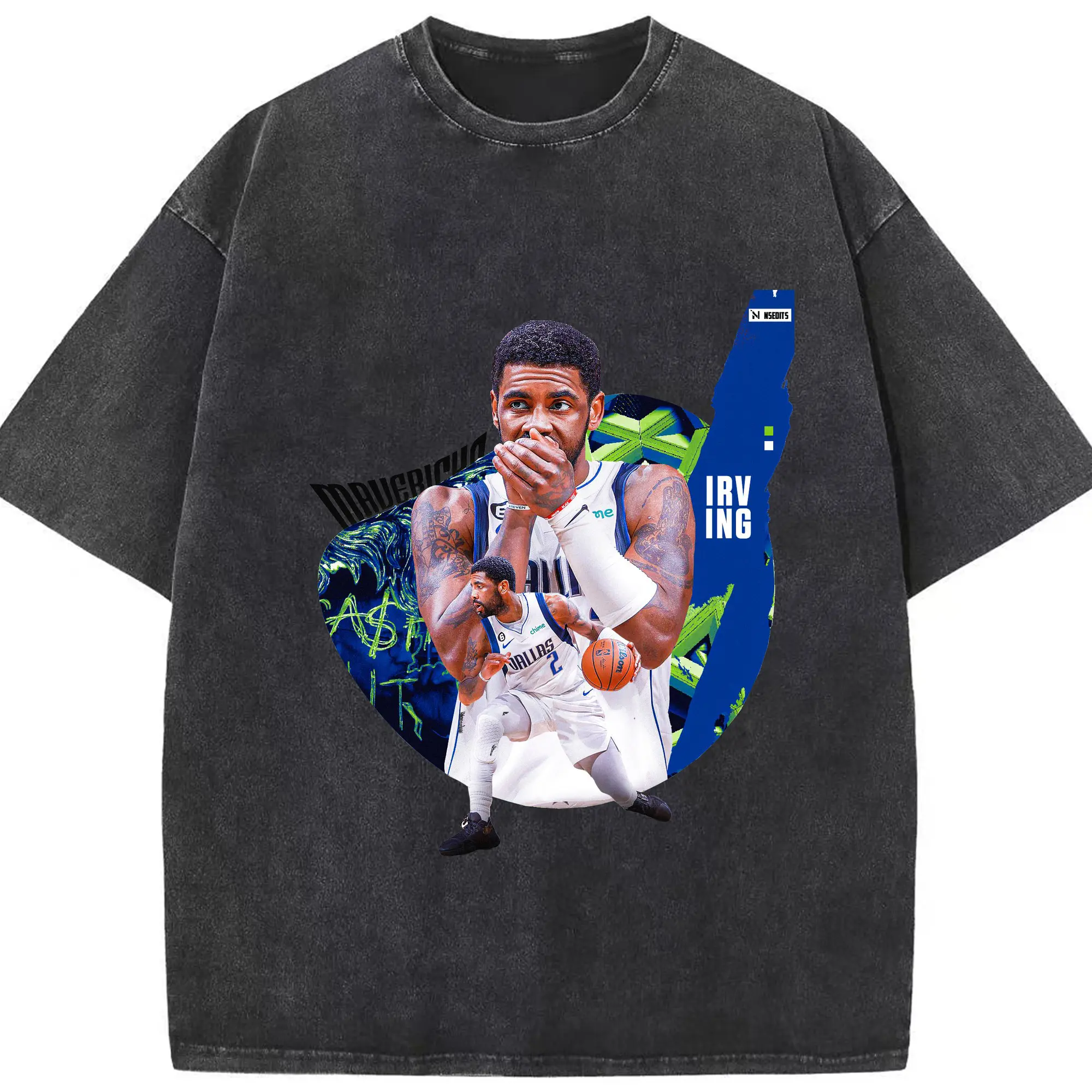 Kyrie Irving Dallas Mavericks Graphic - Washed Vintage Look 230g Cotton Oversized T-Shirt With Front Heat Transfer Print – Soft, Lightweight, Stylish Fit – Comfortable Casual Wear For Sports & Everyday Use