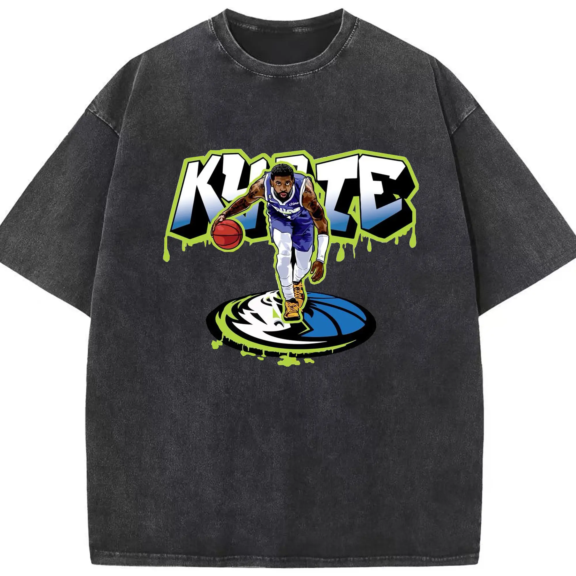 Kyrie Irving Dallas Mavericks Graffiti Shirt - Washed Vintage Look 230g Cotton Oversized T-Shirt With Front Heat Transfer Print – Soft, Lightweight, Stylish Fit – Comfortable Casual Wear For Sports & Everyday Use