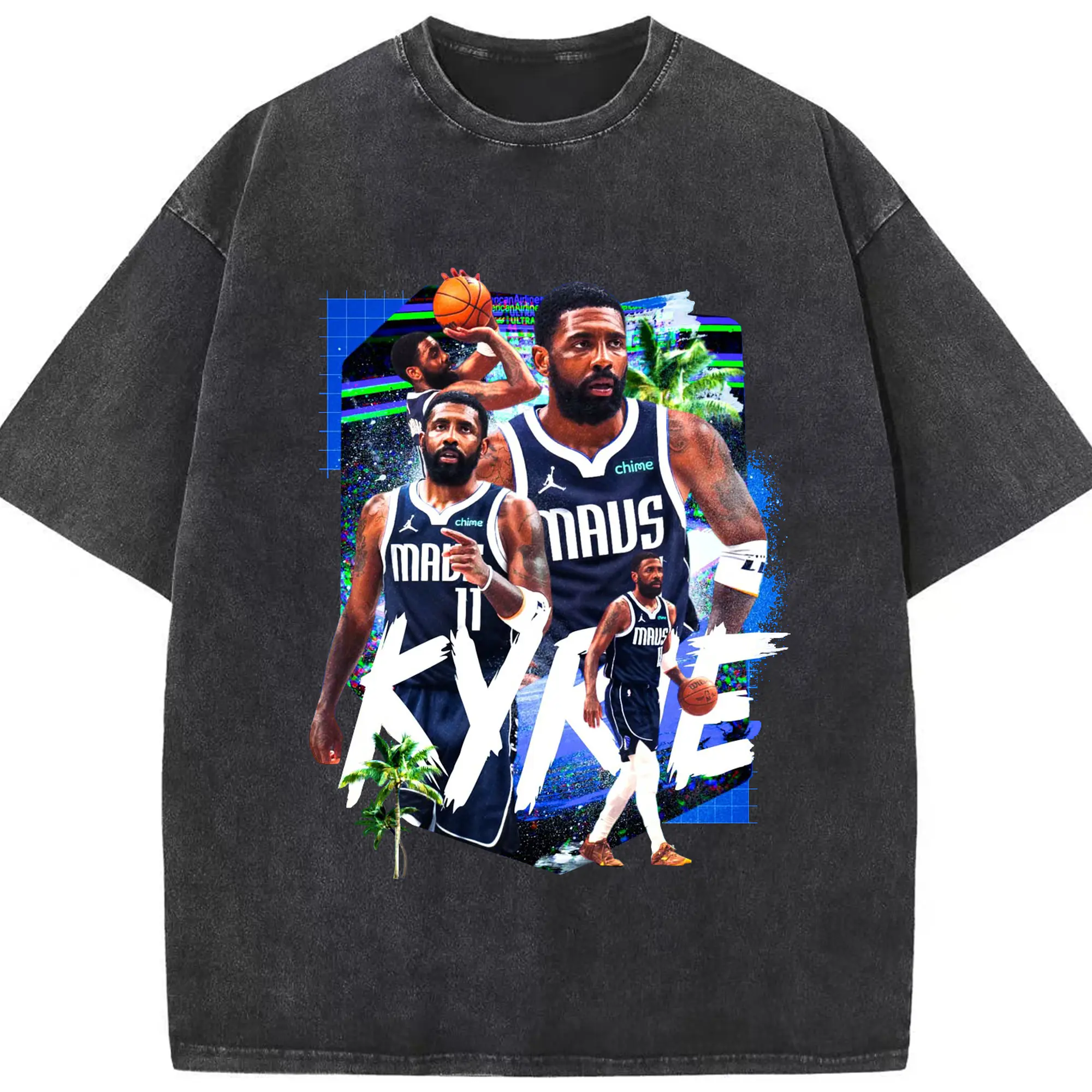 Kyrie Irving Dallas Mavericks  Electronic Graffiti - Washed Vintage Look 230g Cotton Oversized T-Shirt With Front Heat Transfer Print – Soft, Lightweight, Stylish Fit – Comfortable Casual Wear For Sports & Everyday Use