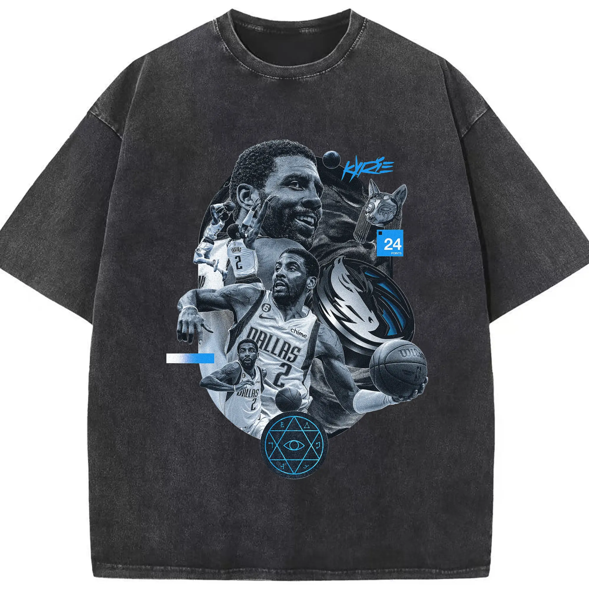 Kyrie Irving Dallas Mavericks Hexagram totem Art Shirt - Washed Vintage Look 230g Cotton Oversized T-Shirt With Front Heat Transfer Print – Soft, Lightweight, Stylish Fit – Comfortable Casual Wear For Sports & Everyday Use