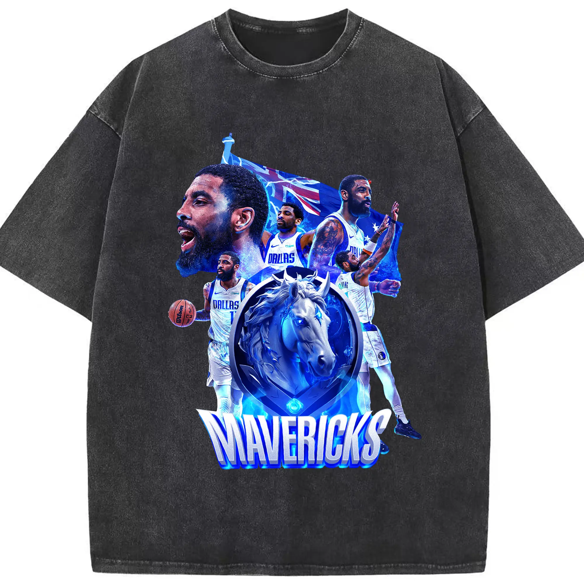 Kyrie Irving Dallas Mavericks 3D team logo POP Shirt - Washed Vintage Look 230g Cotton Oversized T-Shirt With Front Heat Transfer Print – Soft, Lightweight, Stylish Fit – Comfortable Casual Wear For Sports & Everyday Use