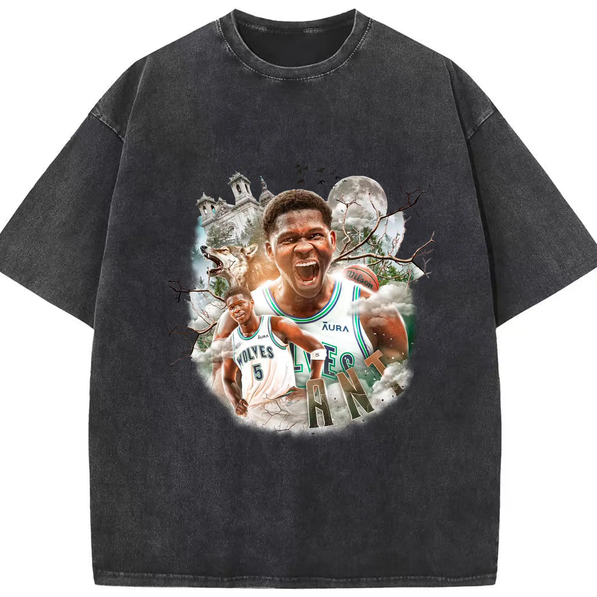 Anthony Edwards ‘Ant-Man’ T-Shirt – Wolves Moon Howl Dark Aura Streetwear - Washed Vintage Look 230g Cotton Oversized T-Shirt With Front Heat Transfer Print – Soft, Lightweight, Stylish Fit – Comfortable Casual Wear For Sports & Everyday Use