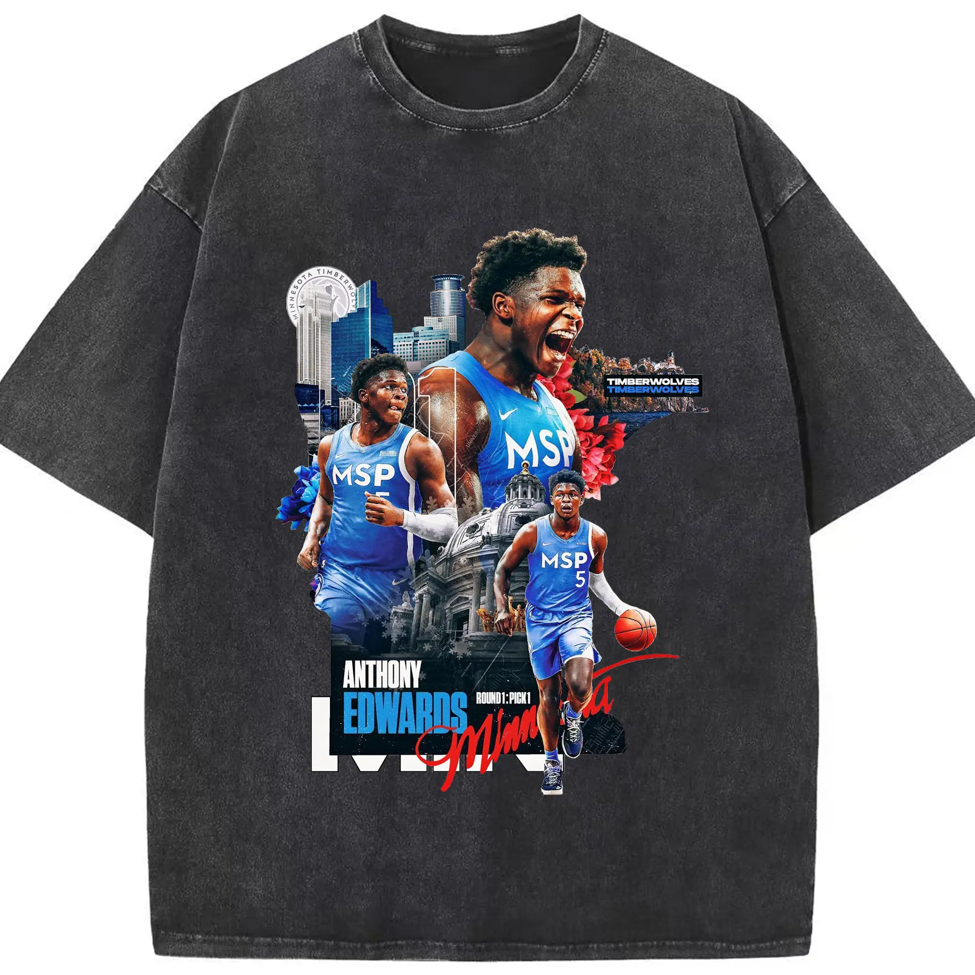 Anthony Edwards  Minnesota Timberwolves City Tribute Shirt - Washed Vintage Look 230g Cotton Oversized T-Shirt With Front Heat Transfer Print – Soft, Lightweight, Stylish Fit – Comfortable Casual Wear For Sports & Everyday Use