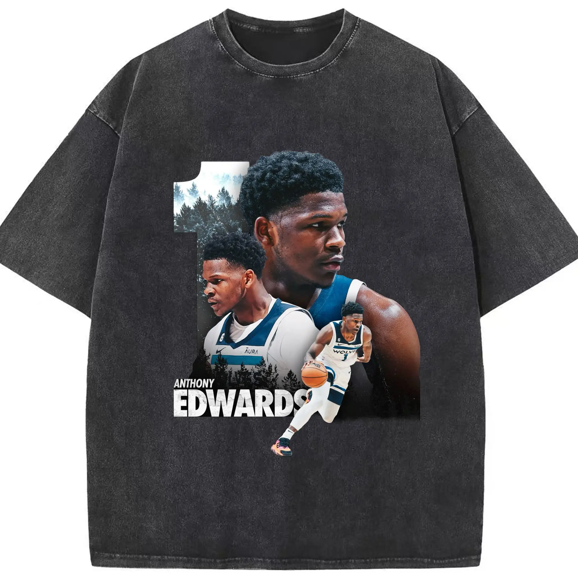 Anthony Edwards Minnesota Timberwolves #1 Art Shirt - Washed Vintage Look 230g Cotton Oversized T-Shirt With Front Heat Transfer Print – Soft, Lightweight, Stylish Fit – Comfortable Casual Wear For Sports & Everyday Use