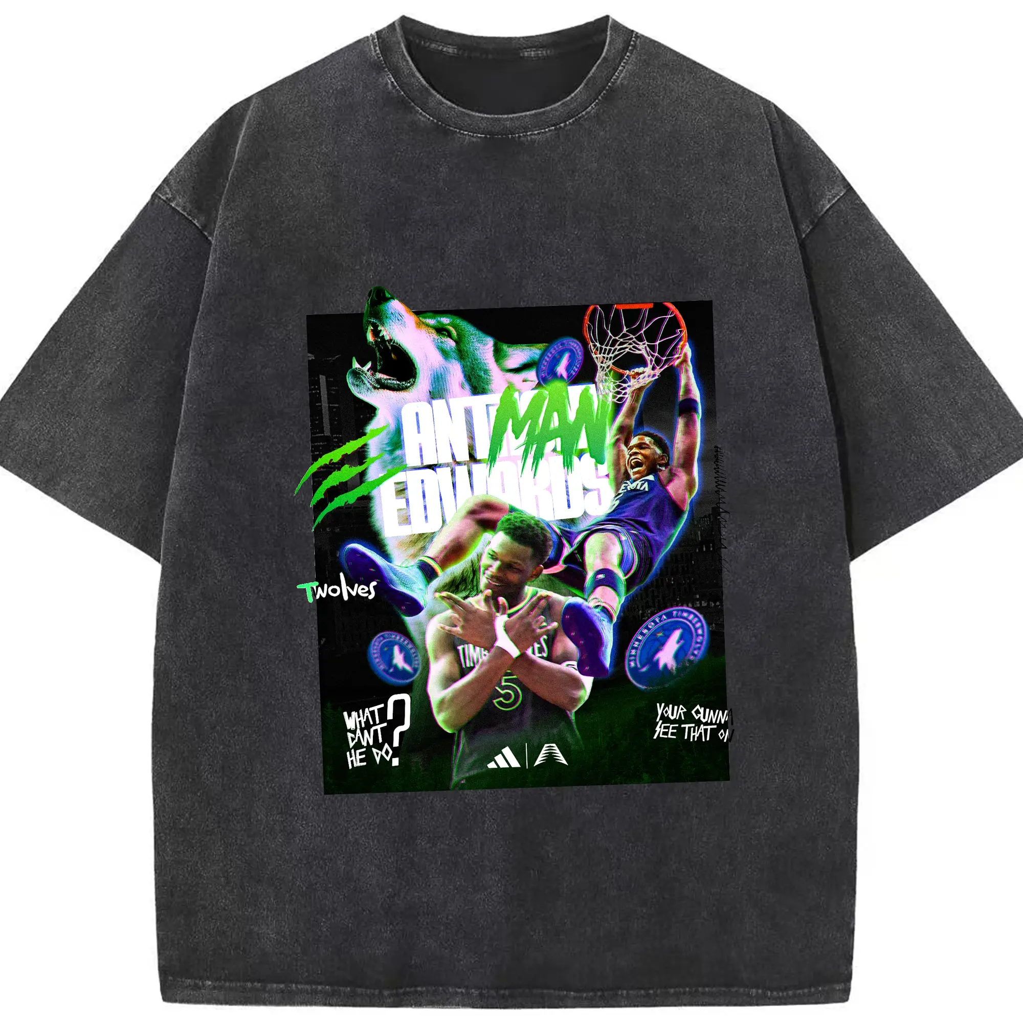 Anthony Edwards Timberwolves holographic style Shirt - Washed Vintage Look 230g Cotton Oversized T-Shirt With Front Heat Transfer Print – Soft, Lightweight, Stylish Fit – Comfortable Casual Wear For Sports & Everyday Use