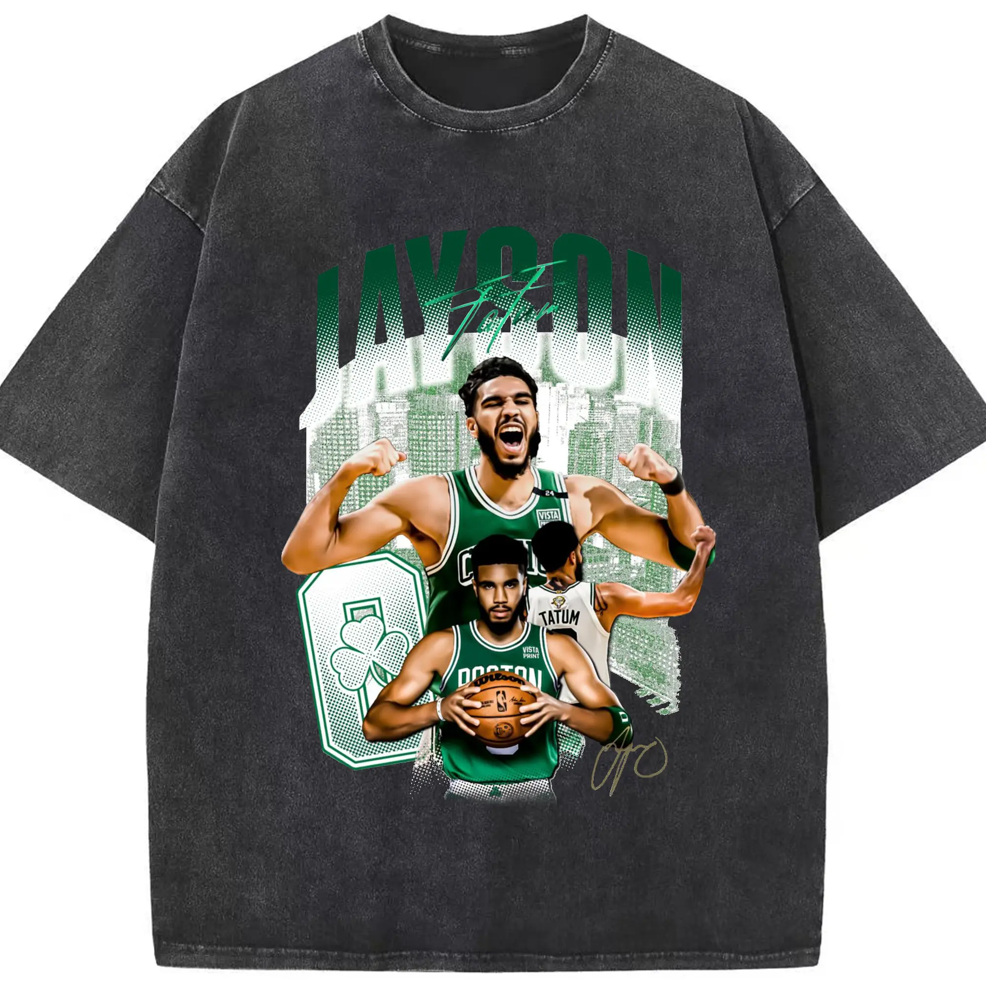 Jayson Tatum Celtics Signature Boston Skyline Shirt - Washed Vintage Look 230g Cotton Oversized T-Shirt With Front Heat Transfer Print – Soft, Lightweight, Stylish Fit – Comfortable Casual Wear For Sports & Everyday Use
