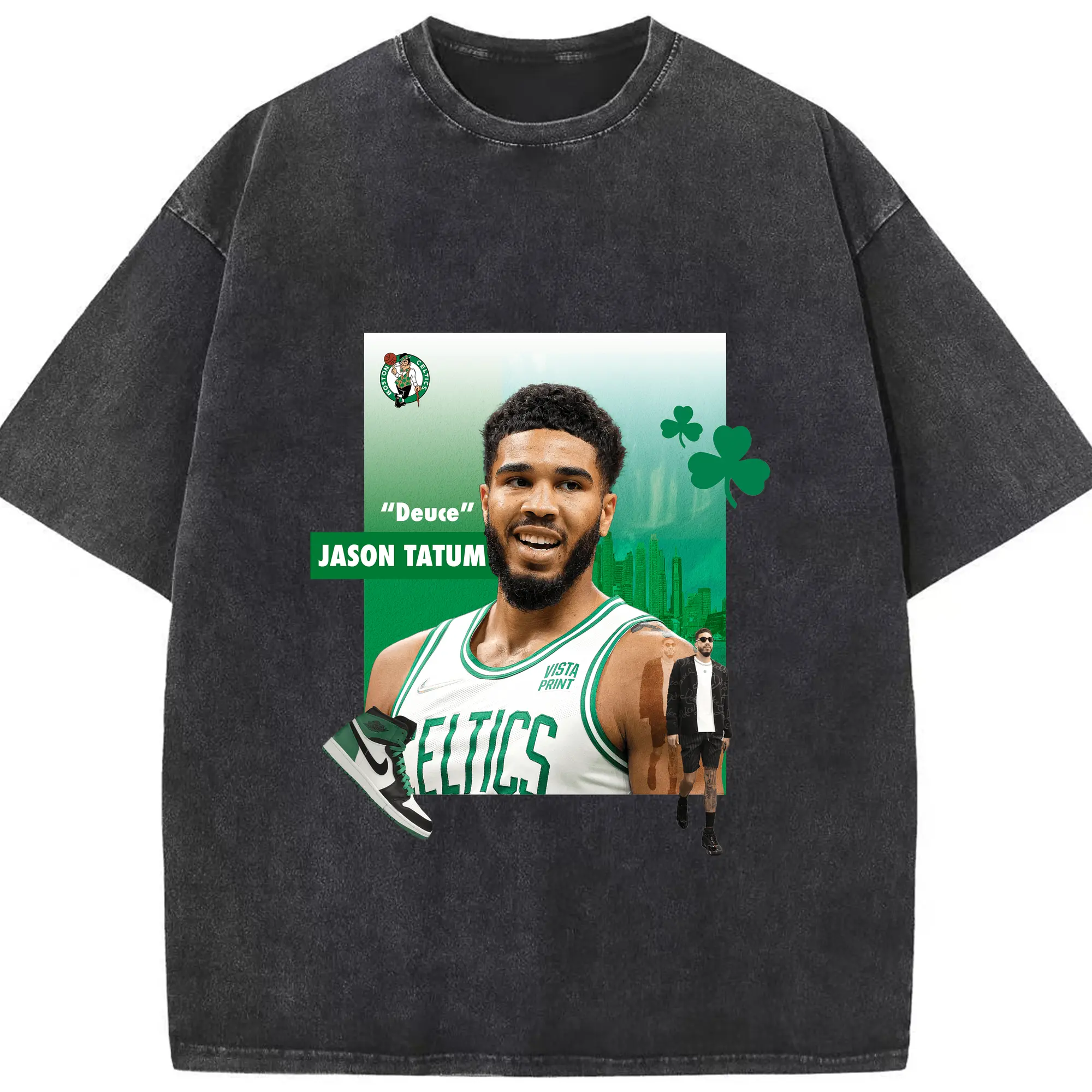 Jayson Tatum Boston Celtics on - court&off - court Art Shirt - Washed Vintage Look 230g Cotton Oversized T-Shirt With Front Heat Transfer Print – Soft, Lightweight, Stylish Fit – Comfortable Casual Wear For Sports & Everyday Use