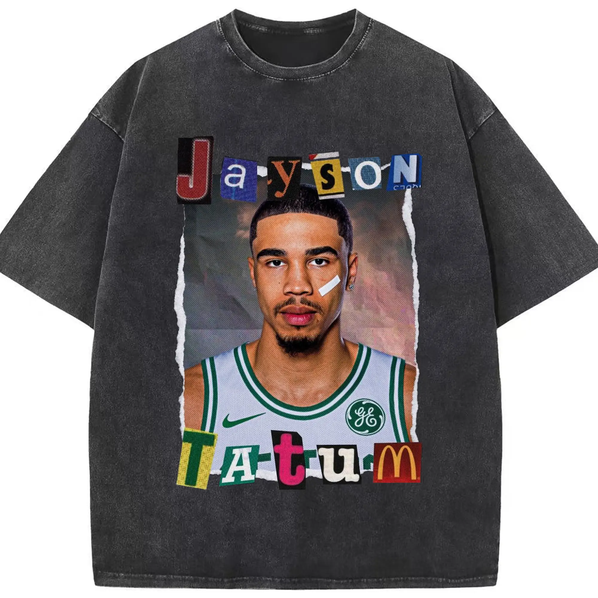 Jayson Tatum Boston Celtics Creative collage design Shirt - Washed Vintage Look 230g Cotton Oversized T-Shirt With Front Heat Transfer Print – Soft, Lightweight, Stylish Fit – Comfortable Casual Wear For Sports & Everyday Use