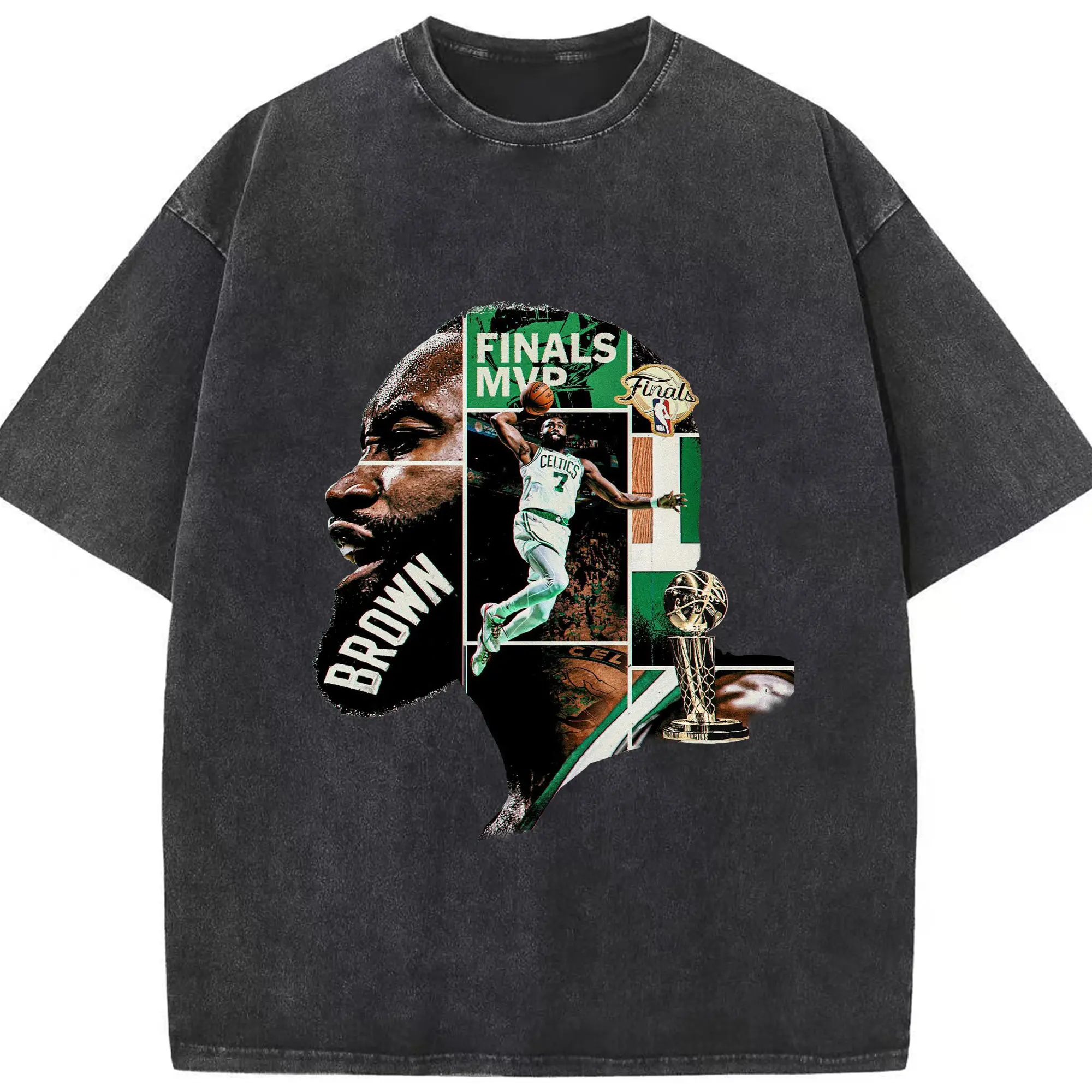 “Crowned in Silence” Jaylen Brown Silhouette FMVP Shirt - Washed Vintage Look 230g Cotton Oversized T-Shirt With Front Heat Transfer Print – Soft, Lightweight, Stylish Fit – Comfortable Casual Wear For Sports & Everyday Use