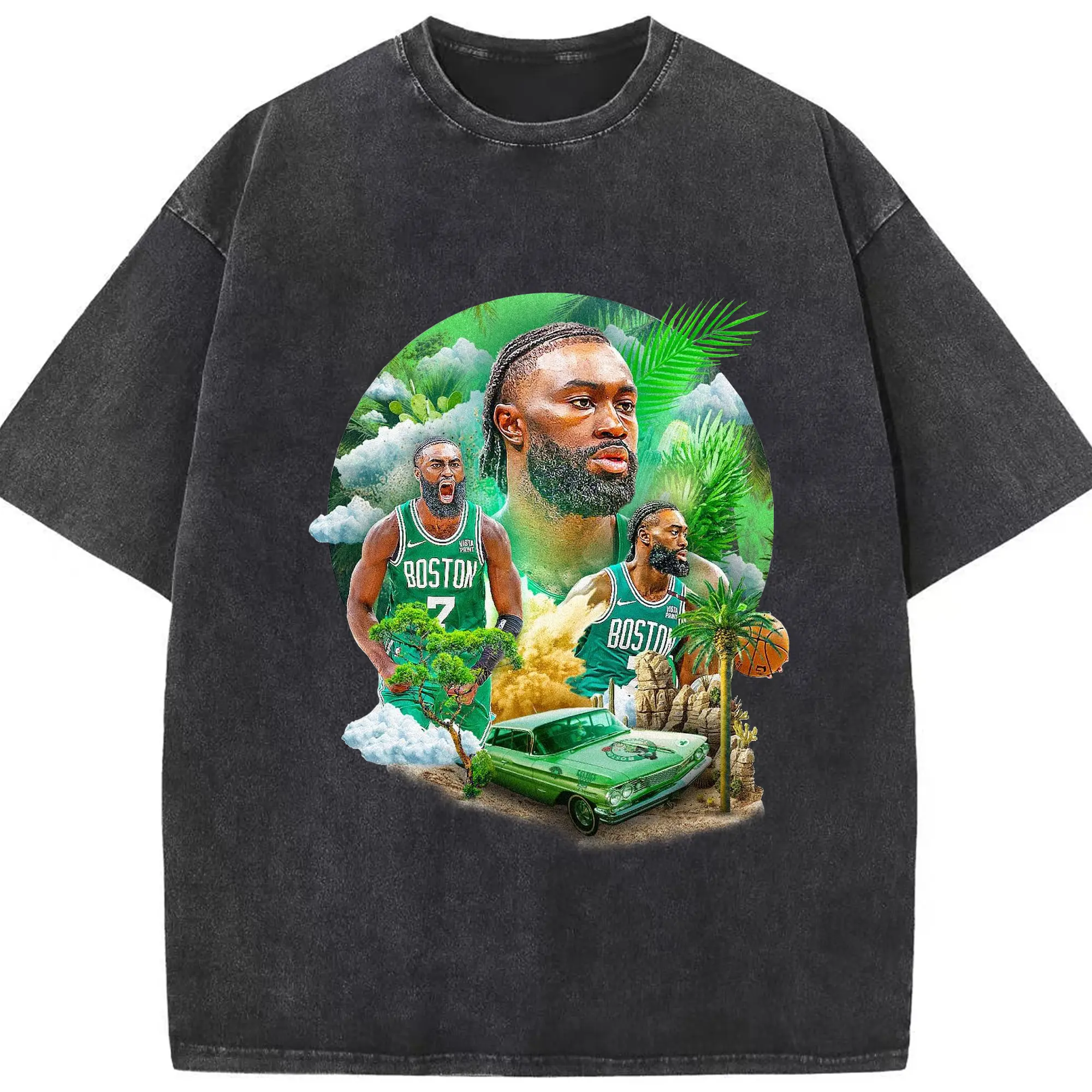 “Island of Green” Jaylen Brown Fantasy Shirt - Washed Vintage Look 230g Cotton Oversized T-Shirt With Front Heat Transfer Print – Soft, Lightweight, Stylish Fit – Comfortable Casual Wear For Sports & Everyday Use