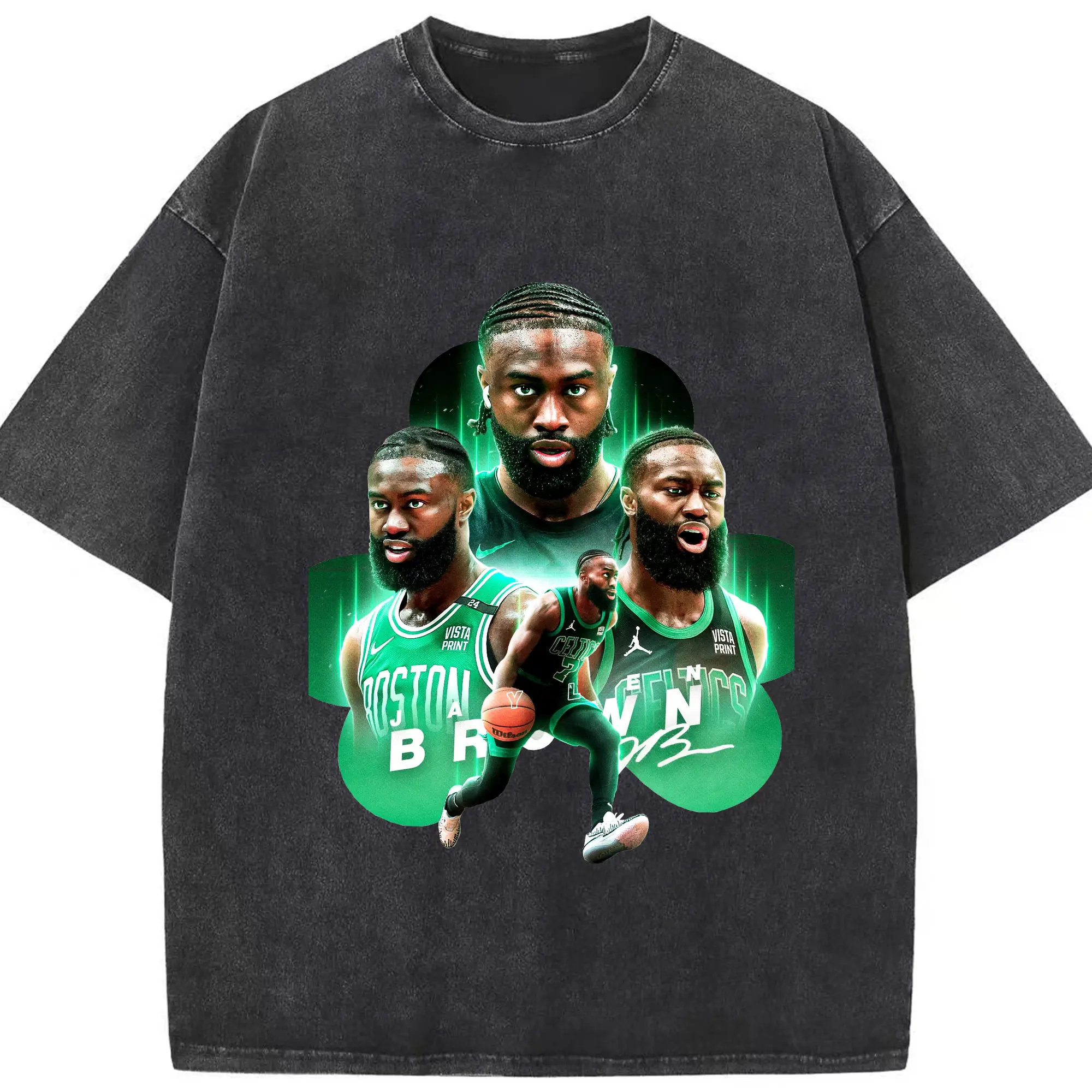 Jaylen Brown Boston Celtics Green Glow Clover Design Shirt - Washed Vintage Look 230g Cotton Oversized T-Shirt With Front Heat Transfer Print – Soft, Lightweight, Stylish Fit – Comfortable Casual Wear For Sports & Everyday Use