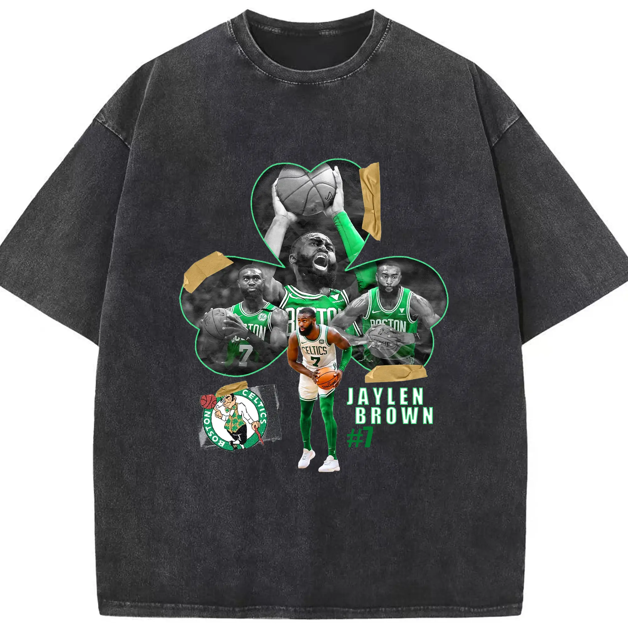 Jaylen Brown Boston Celtics #7 clover design Shirt - Washed Vintage Look 230g Cotton Oversized T-Shirt With Front Heat Transfer Print – Soft, Lightweight, Stylish Fit – Comfortable Casual Wear For Sports & Everyday Use