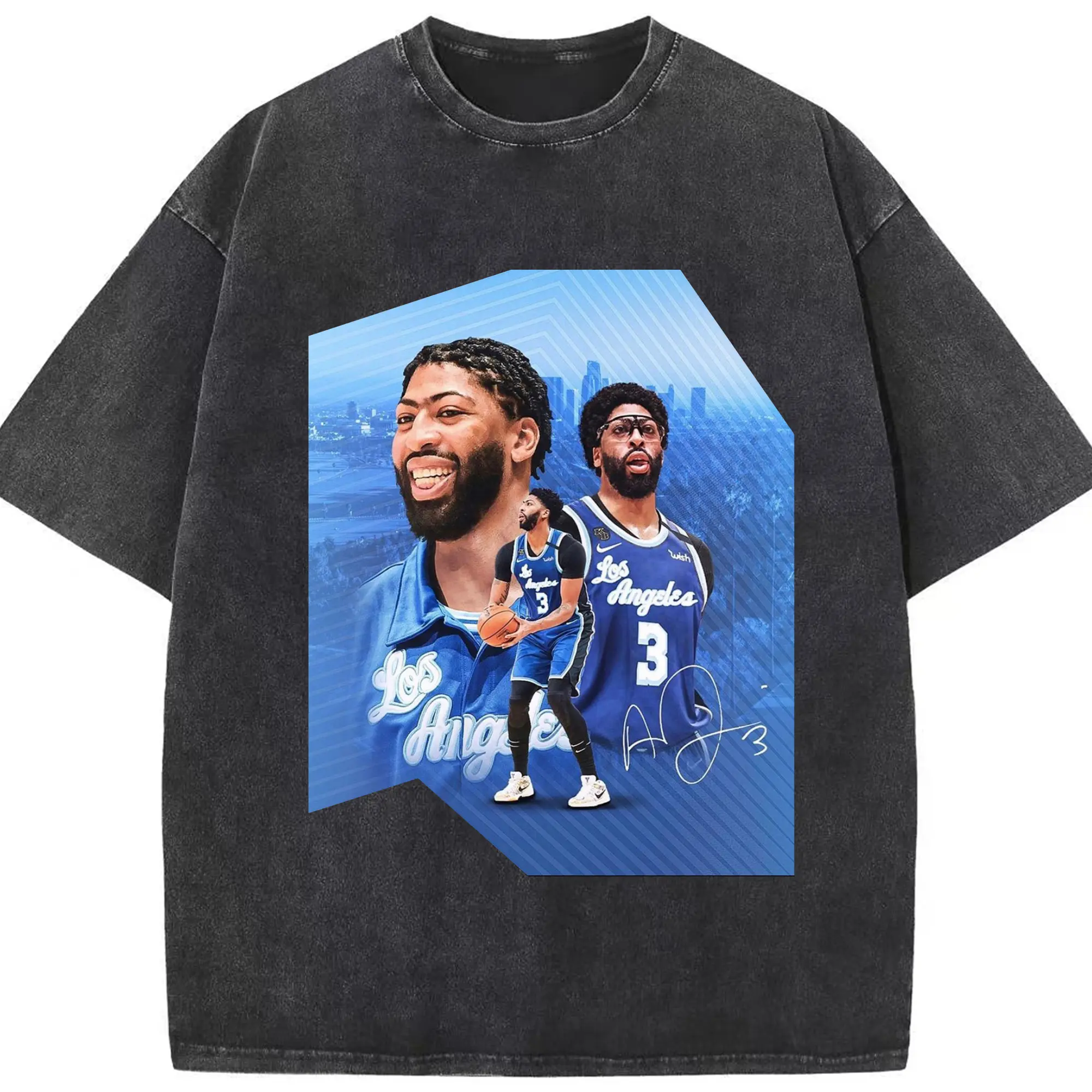 Anthony Davis Los Angeles Blue Design Basketball Shirt - Washed Vintage Look 230g Cotton Oversized T-Shirt With Front Heat Transfer Print – Soft, Lightweight, Stylish Fit – Comfortable Casual Wear For Sports & Everyday Use